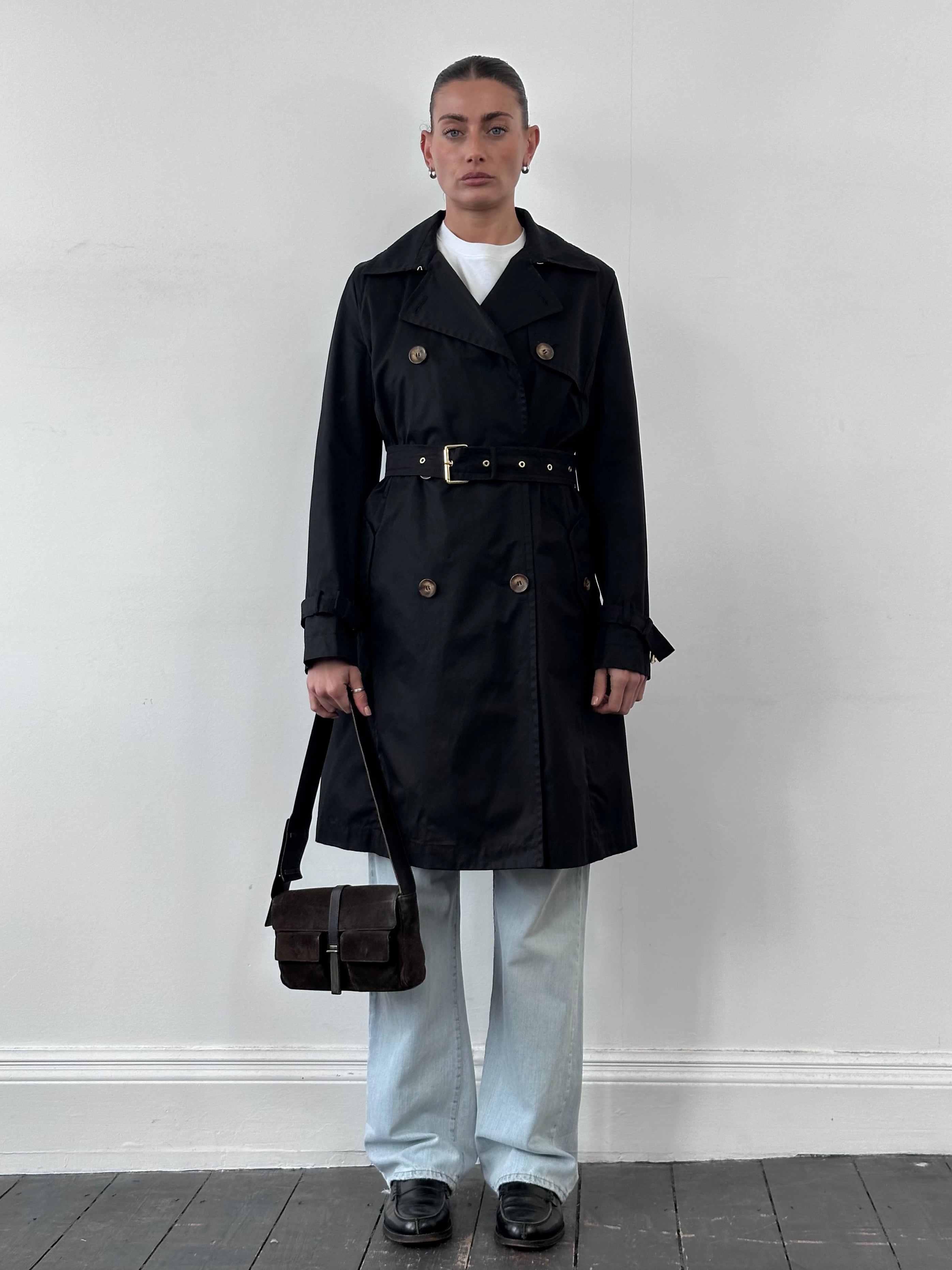 Max Mara Weekend pure cotton belted trench coat in beige, front view showing collar, belt, and classic trench design.