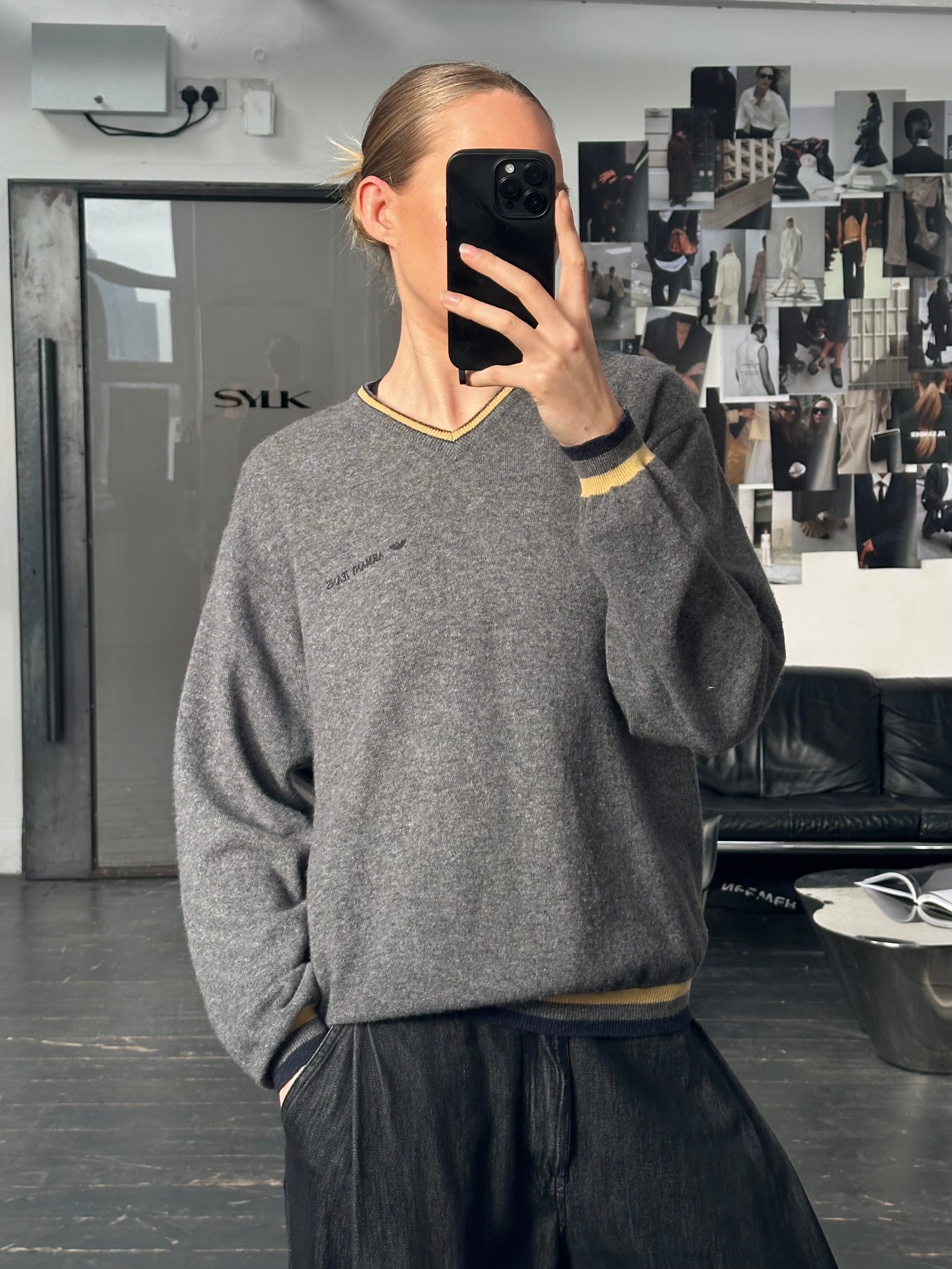 Armani Jeans 1990s Wool Logo V Neck Knit Jumper - M - SYLK