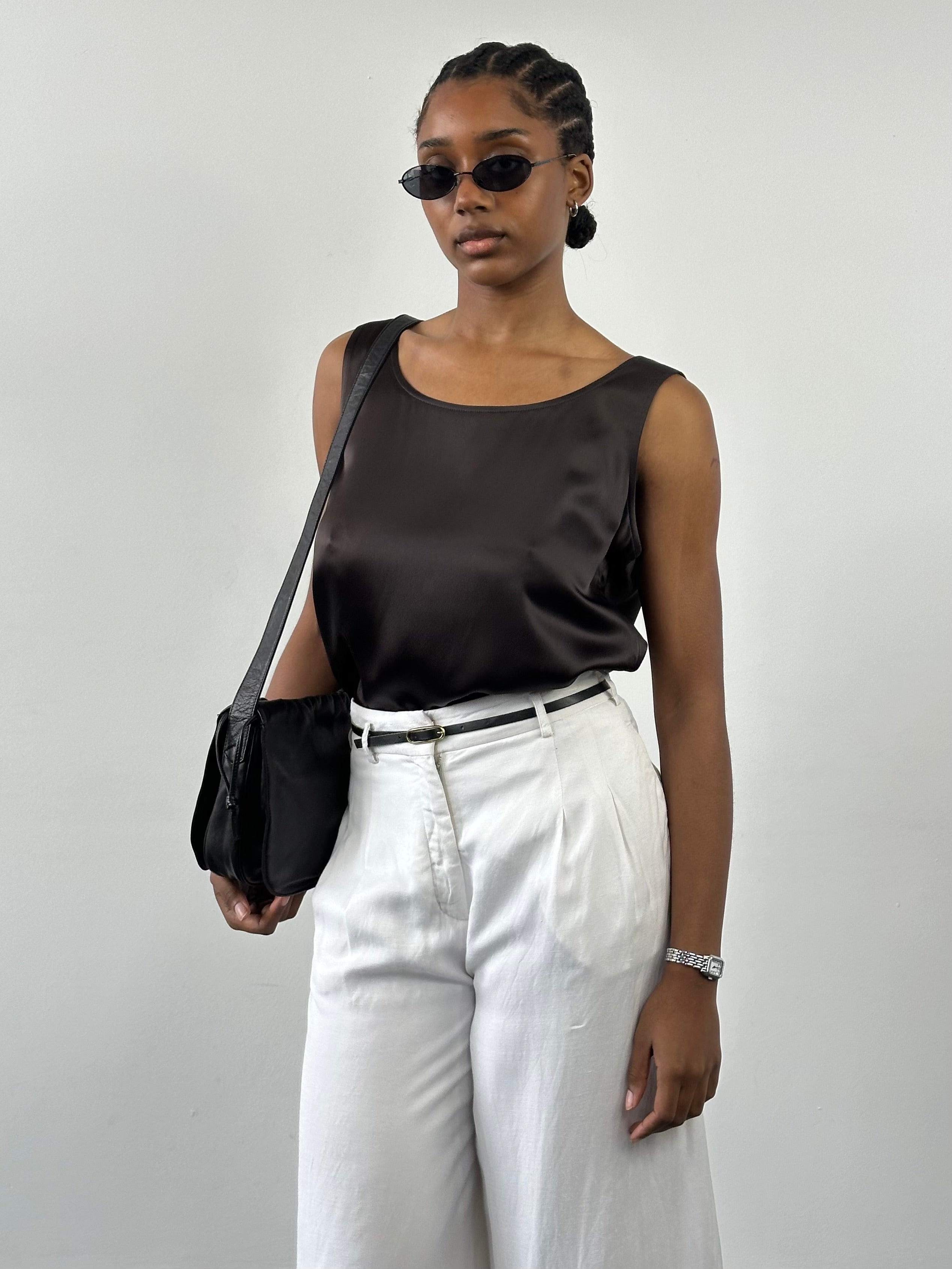 Gianfranco Ferré satin sleeveless top in size L, 1990s vintage fashion, shown in a close-up image highlighting fabric and design details.