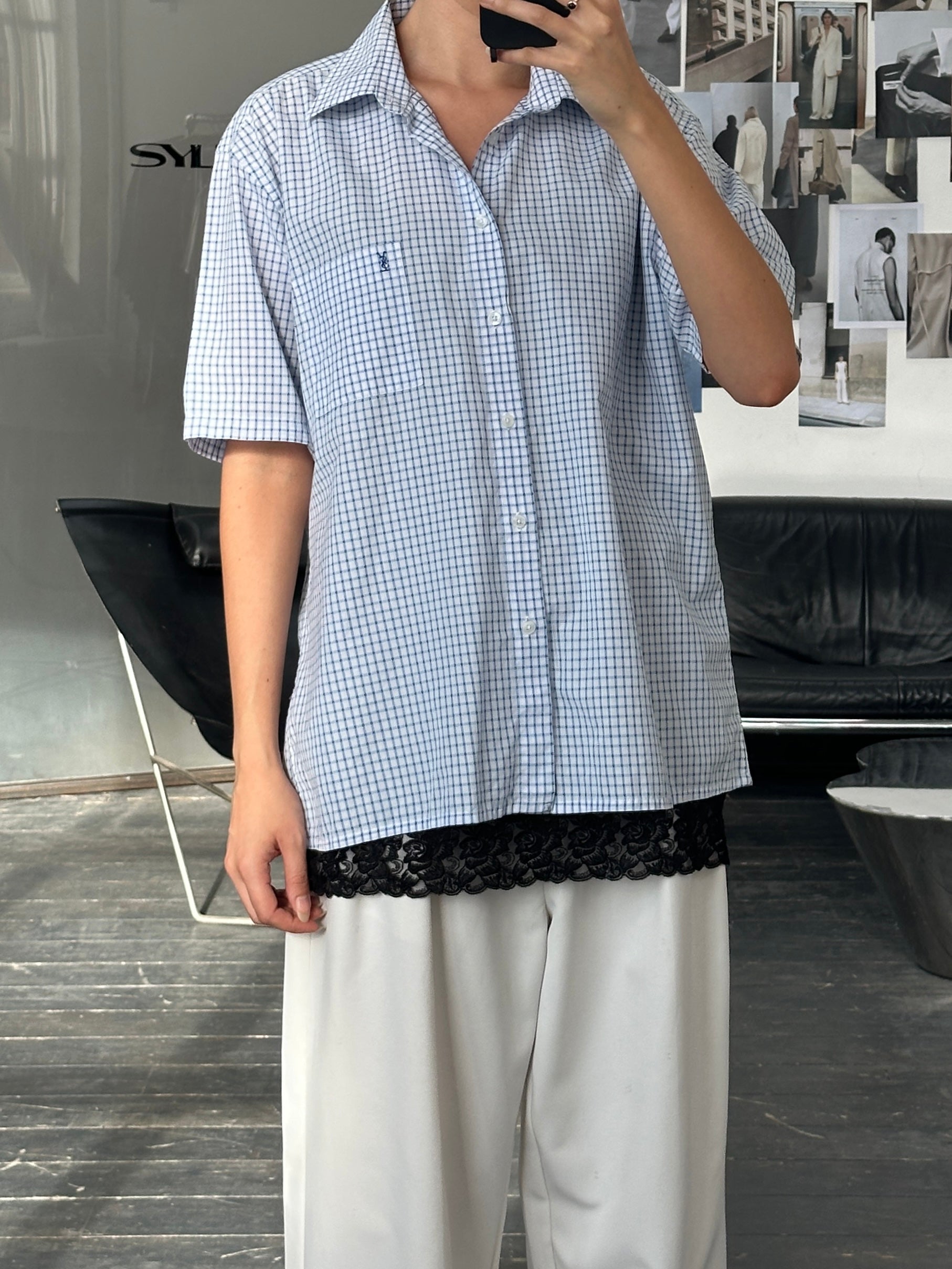 Yves Saint Laurent Pour Homme cotton check short sleeve logo shirt in XL with a classic plaid pattern and brand logo detail.