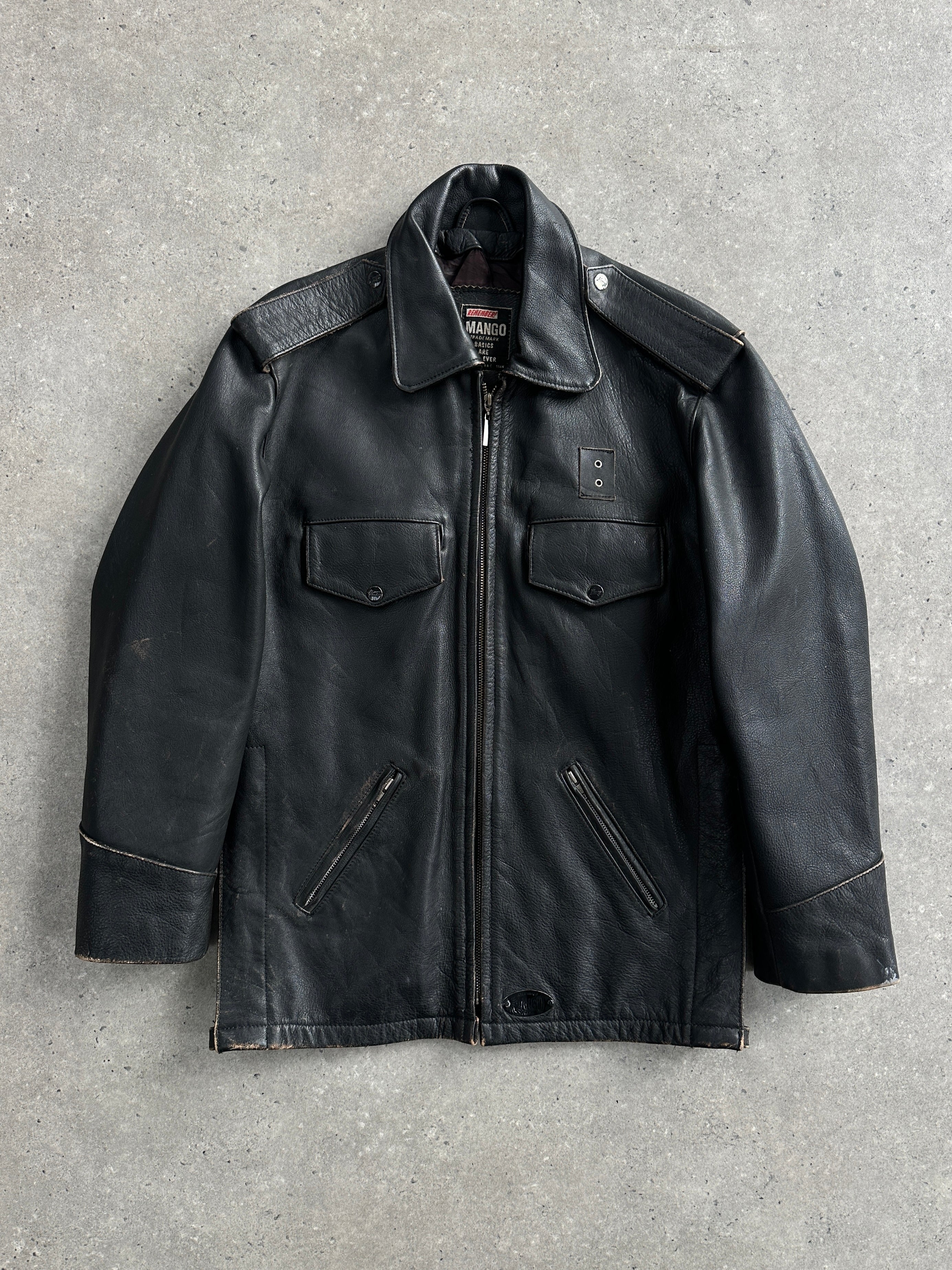 Vintage 1990s aged leather jacket, M/L size, featuring distressed brown leather and classic collar detail, vintage style and craftsmanship.
