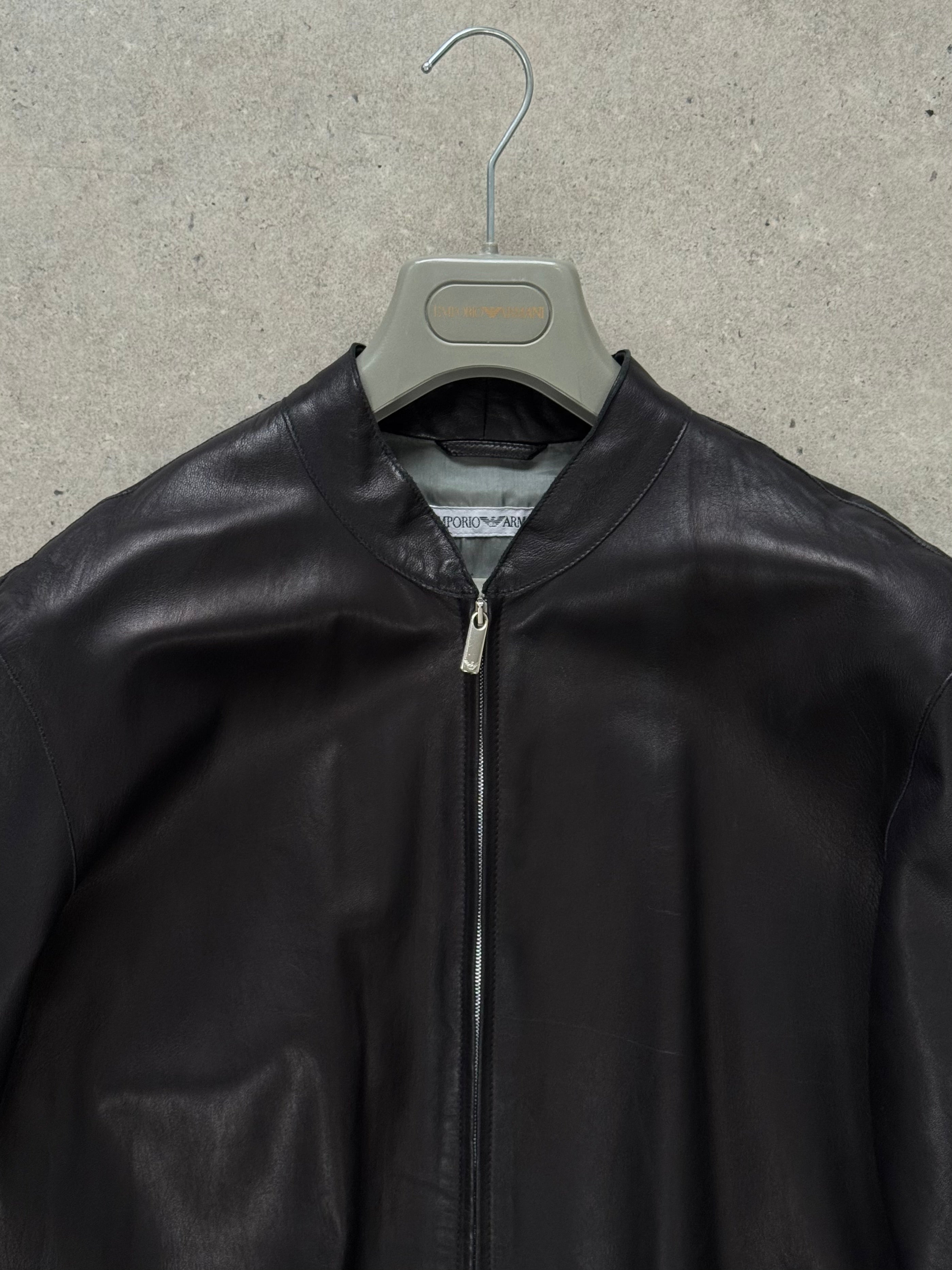 Emporio Armani 2000s double zip leather jacket in black, size XL, featuring a sleek design with silver zippers and premium leather.