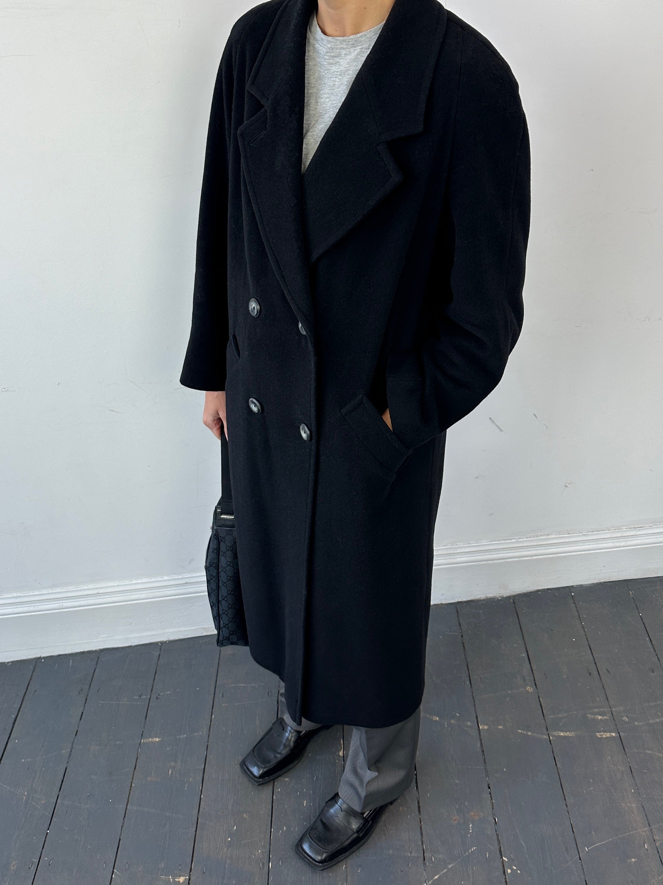 Vintage wool and cashmere double-breasted coat in size S, featuring classic tailored design and textured fabric.