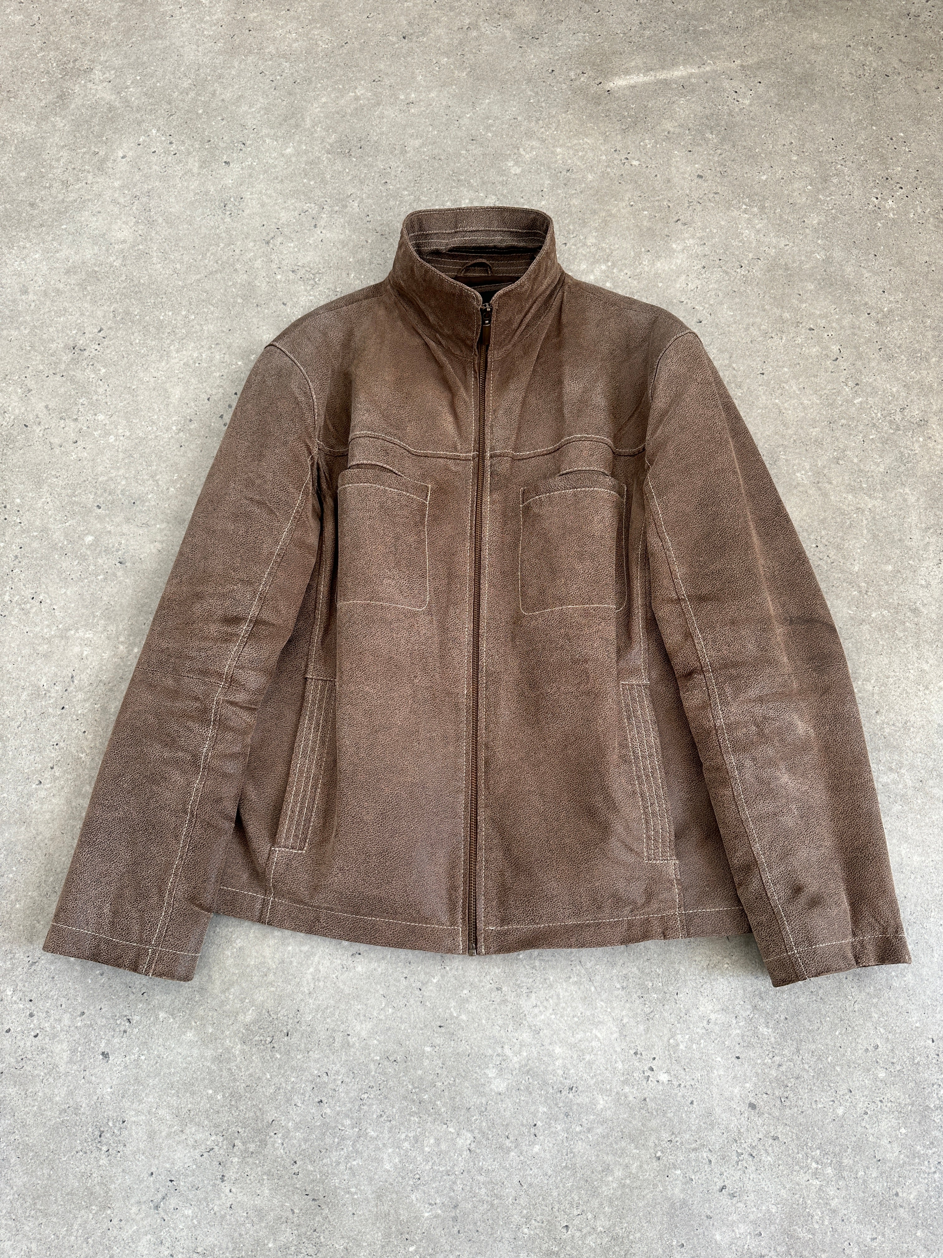 Vintage textured high neck leather jacket in XL size, featuring a stylish design and premium craftsmanship.