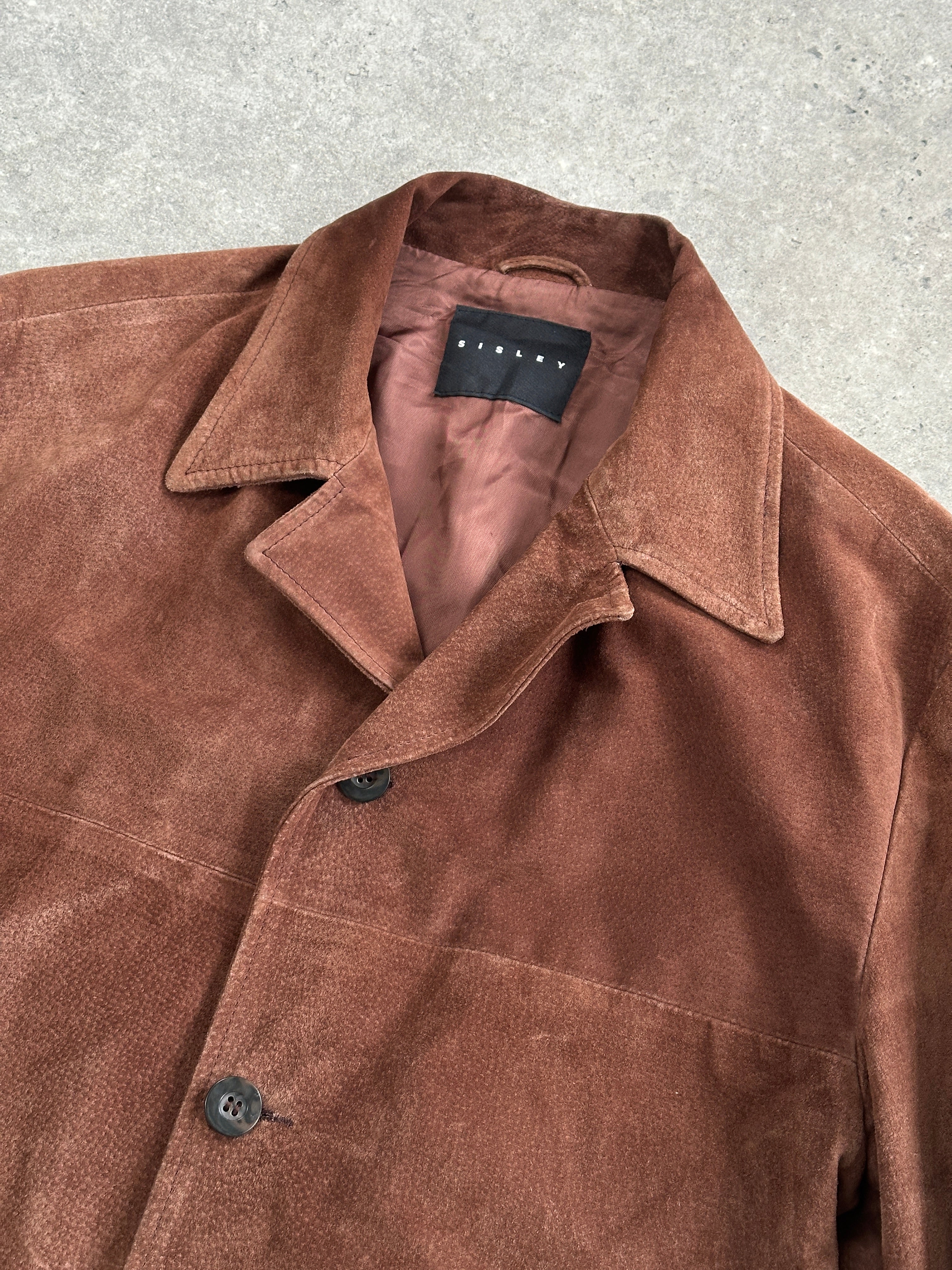 Vintage leather suede jacket in XL size, featuring classic design and rich texture, perfect for vintage fashion enthusiasts.