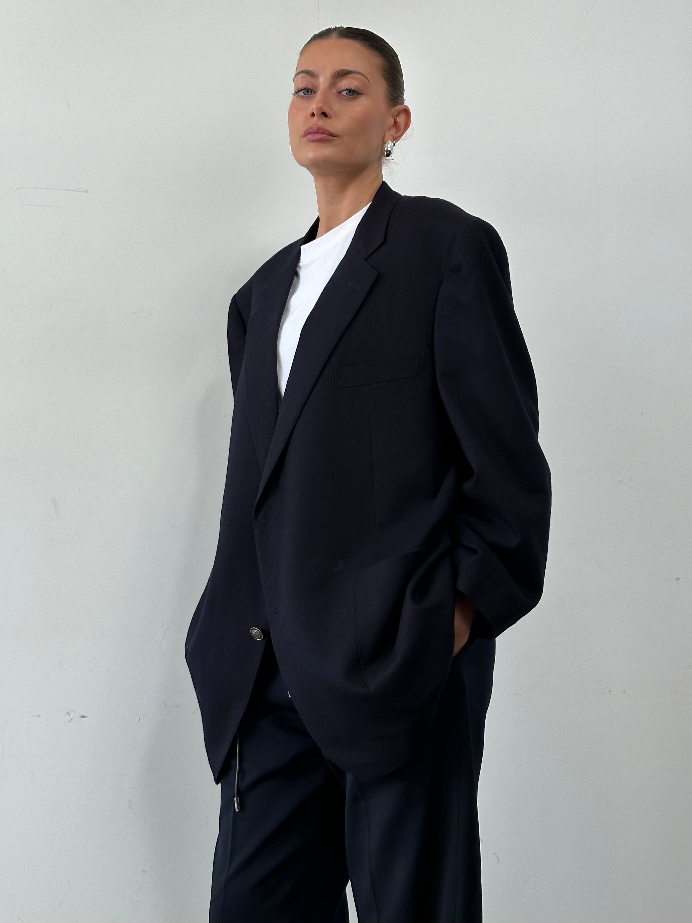 Christian Dior XXL brushed wool blazer with bespoke hardware, tailored fit, featuring classic lapel and stylish design details.