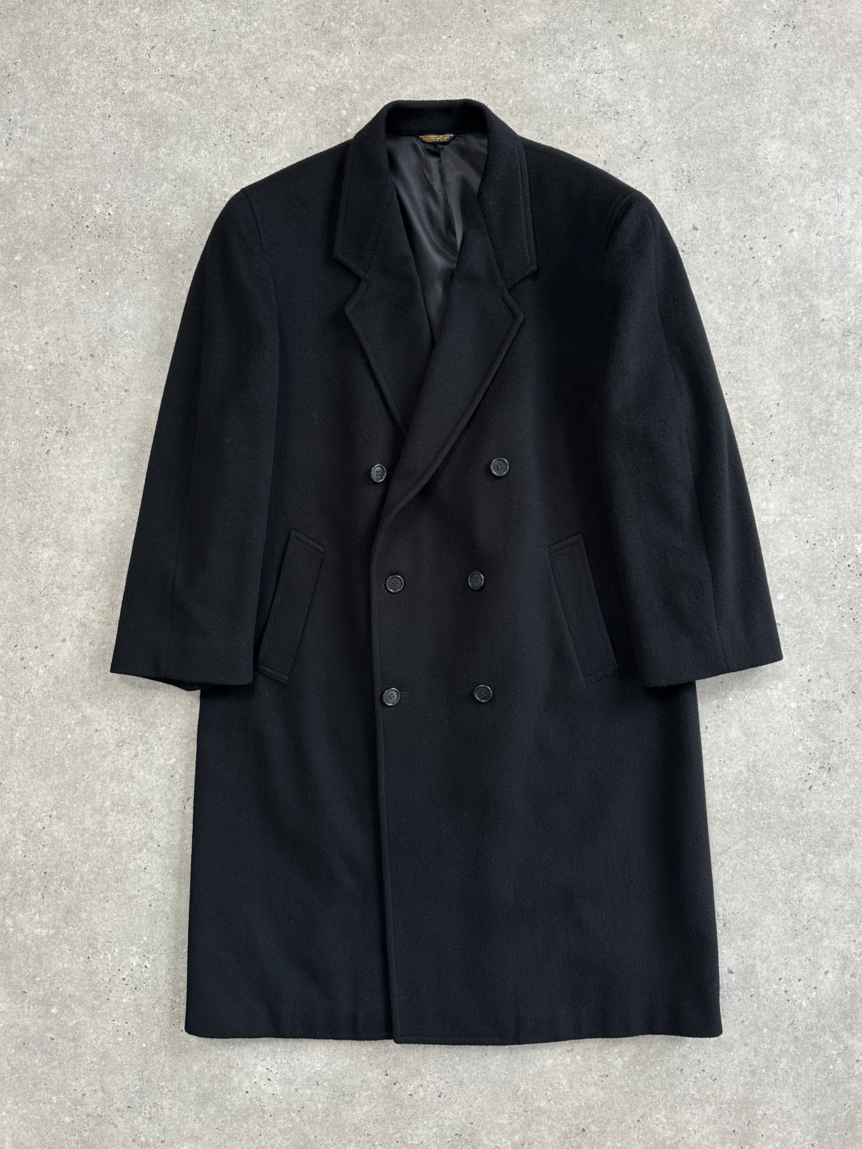 Pierre Cardin 1990s pure wool double-breasted coat in XXL, shown hanging with classic tailored design and neutral color.