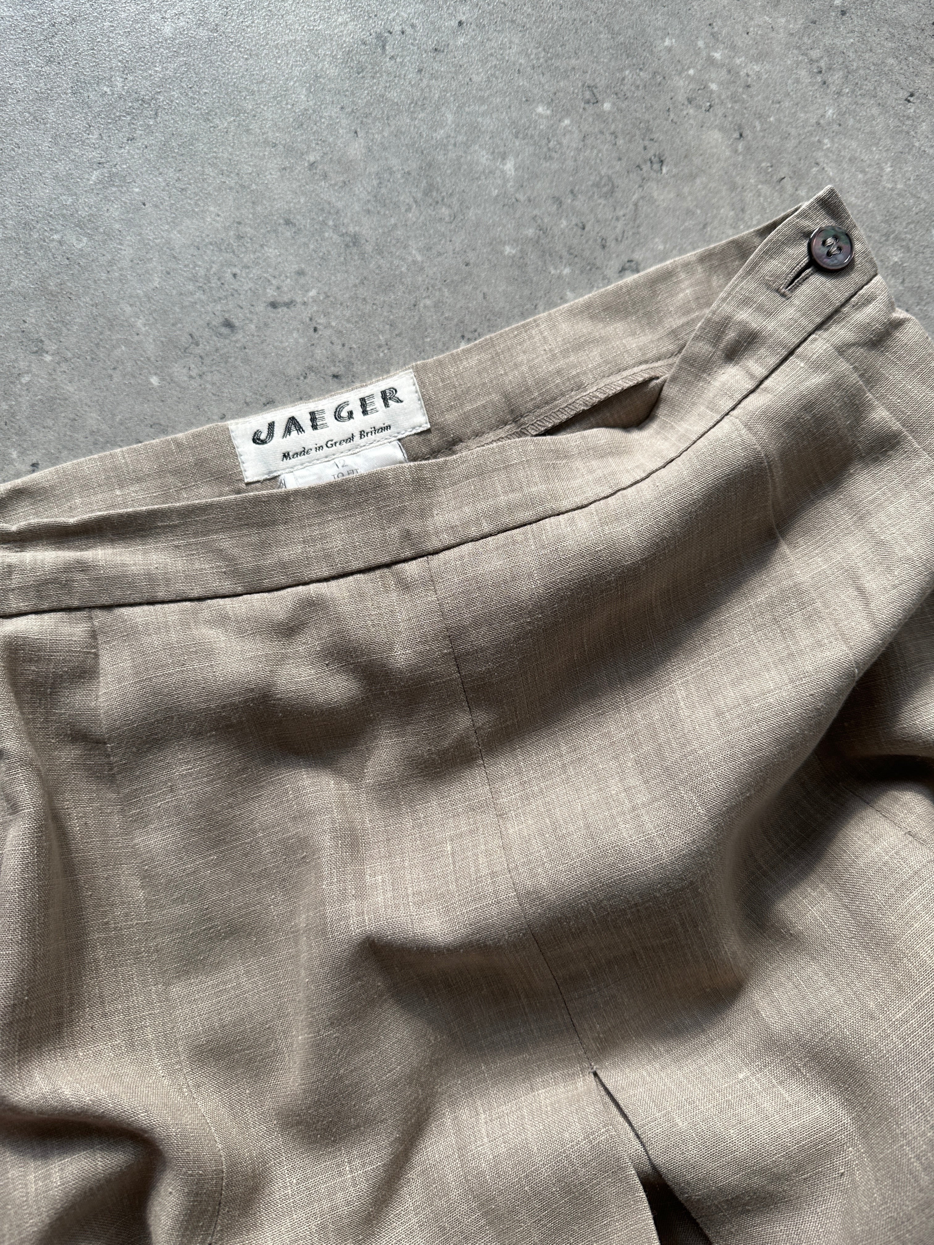 Jaeger pleated linen midaxi skirt in light beige, high waist with pleats, W26 size, styled for a casual or chic look