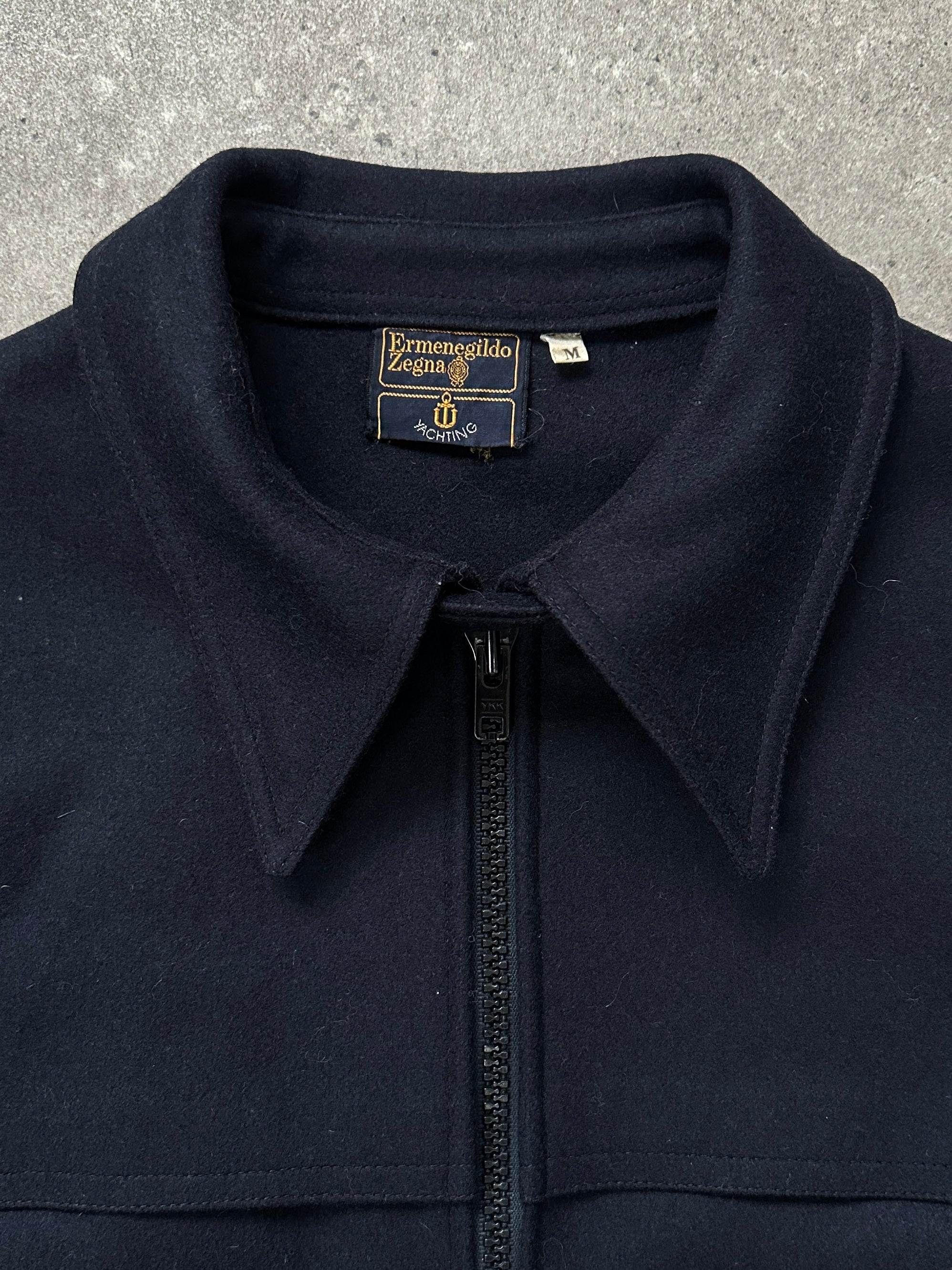 Ermenegildo Zegna 1990s wool double-faced jacket in size large, showing the tailored front with lapel and textured fabric.