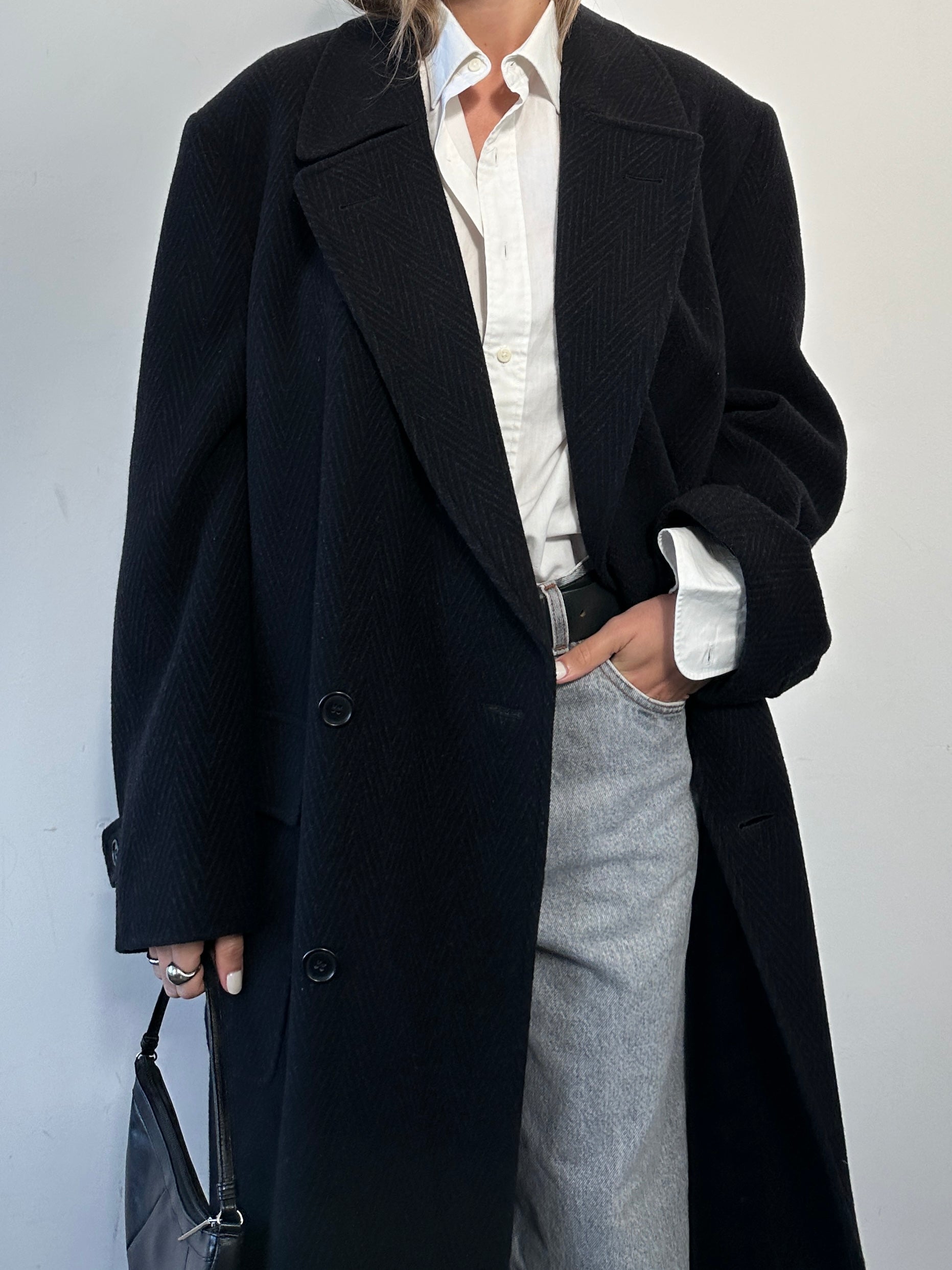 Valentino wool herringbone double-breasted coat in XL/XXL size, featuring classic tailored design and stylish herringbone pattern.
