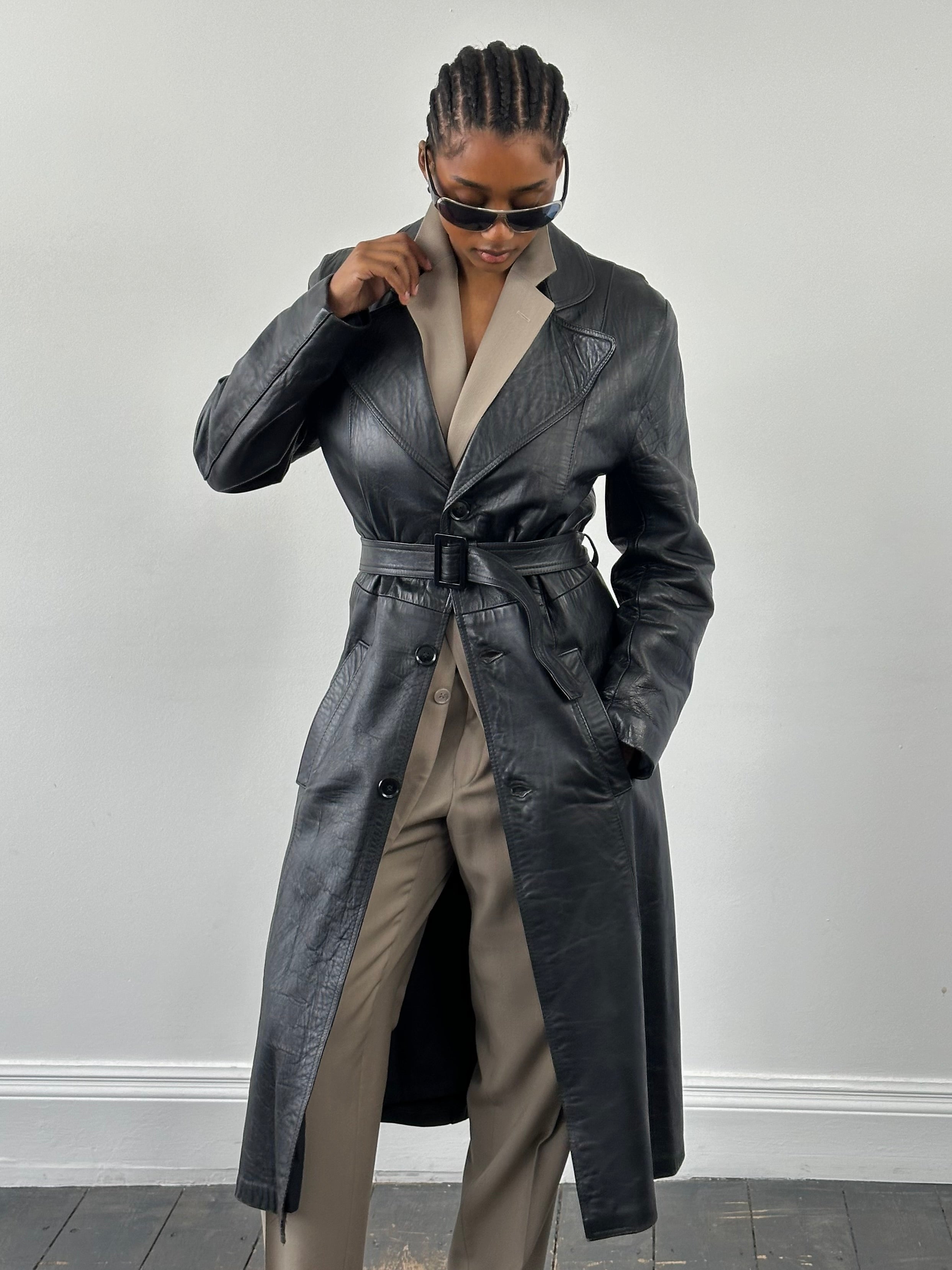 Vintage 1990s Leather Belted Trench Coat - S/M - SYLK