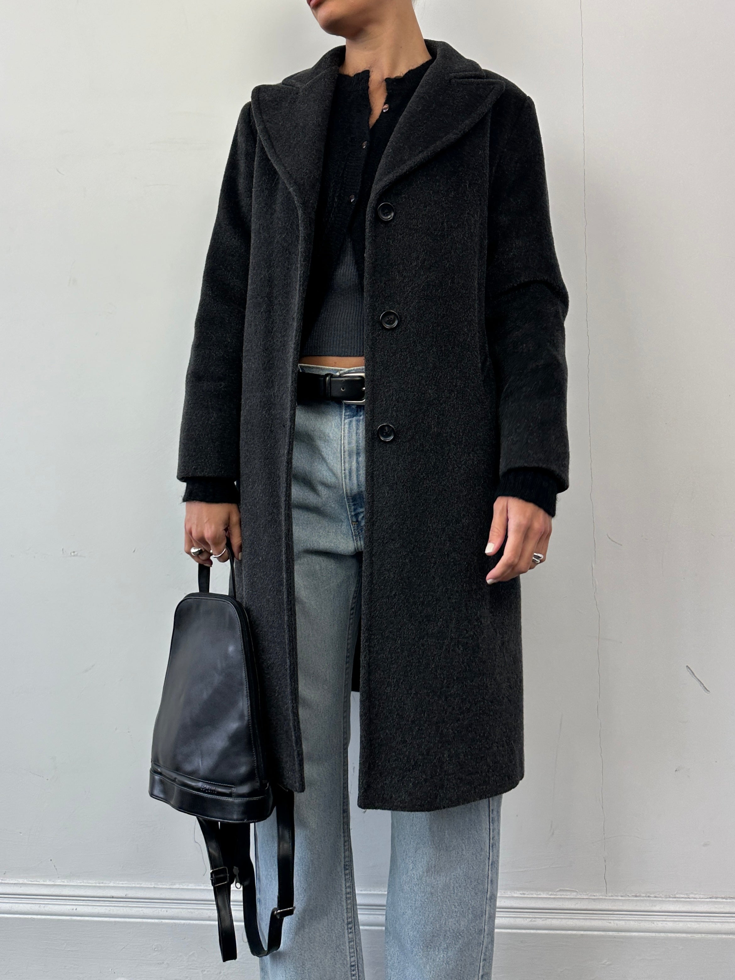 Marella Virgin Wool Mohair single-breasted coat in size S, beige color, with lapel collar and tailored fit.