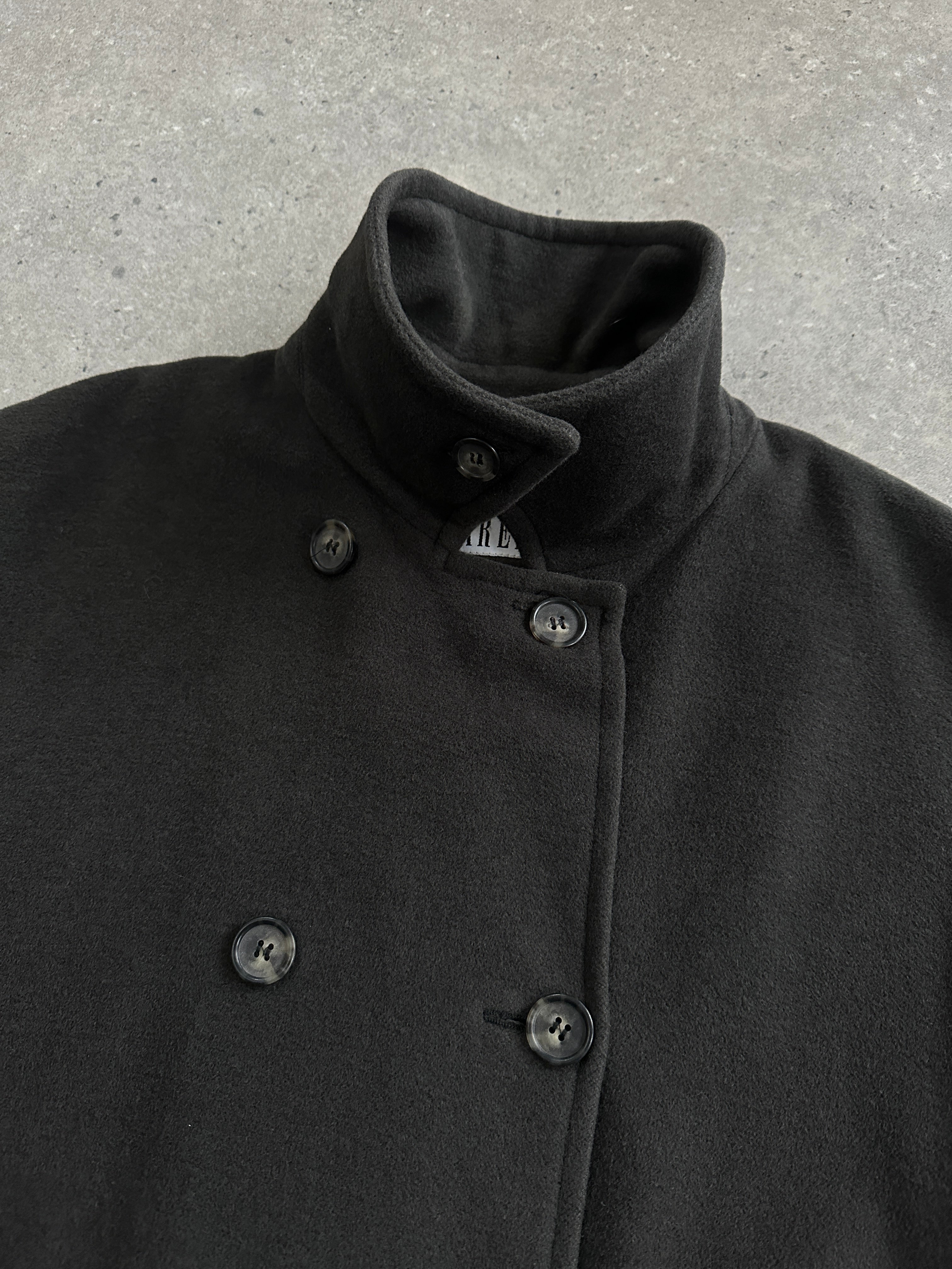 Marella 1990s virgin wool double-breasted coat in size L/XL, navy color, featuring classic lapels and button details.