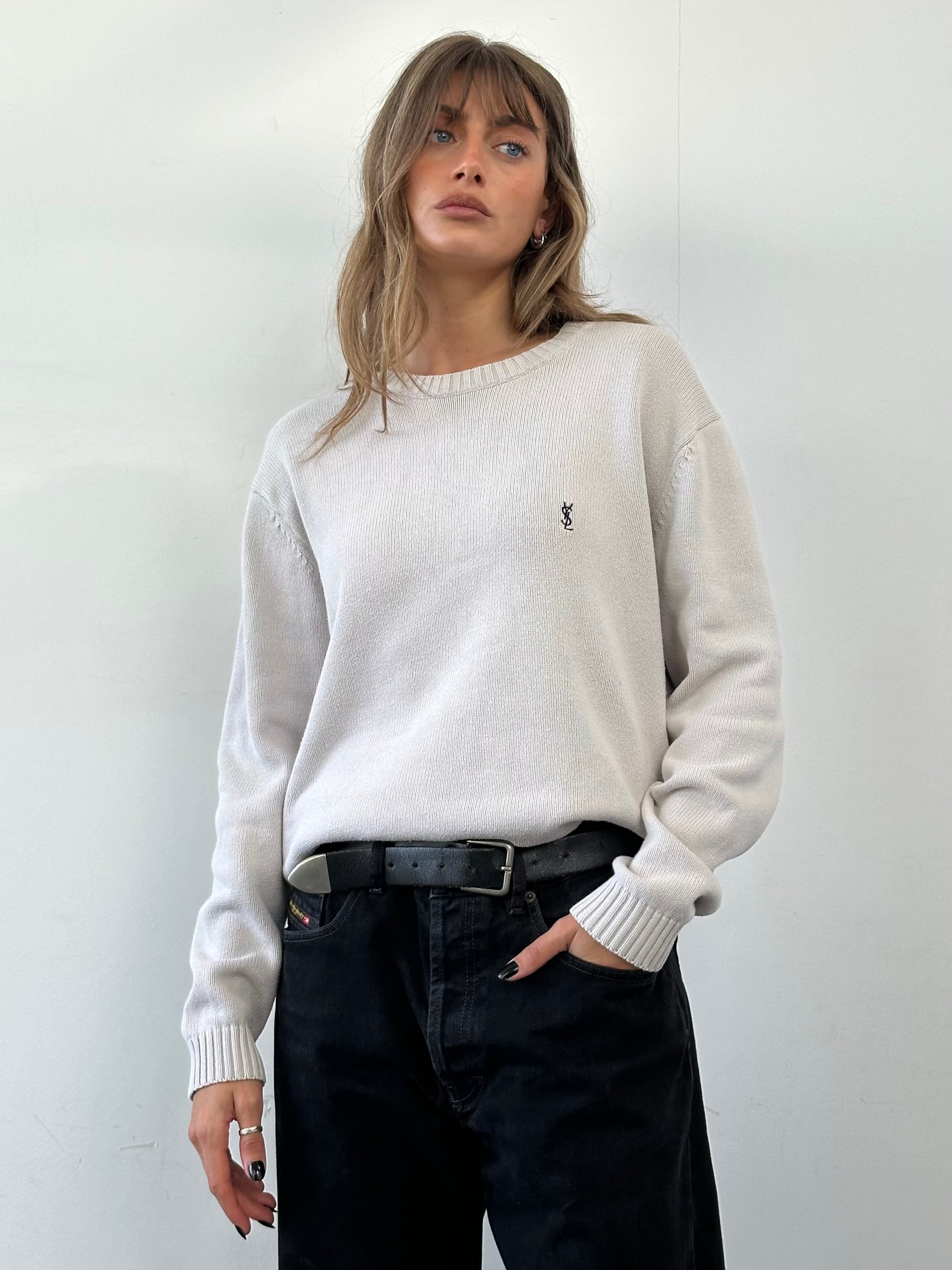 Yves Saint Laurent Pour Homme pure cotton knitted jumper with logo design, featuring a classic crew neck and long sleeves.