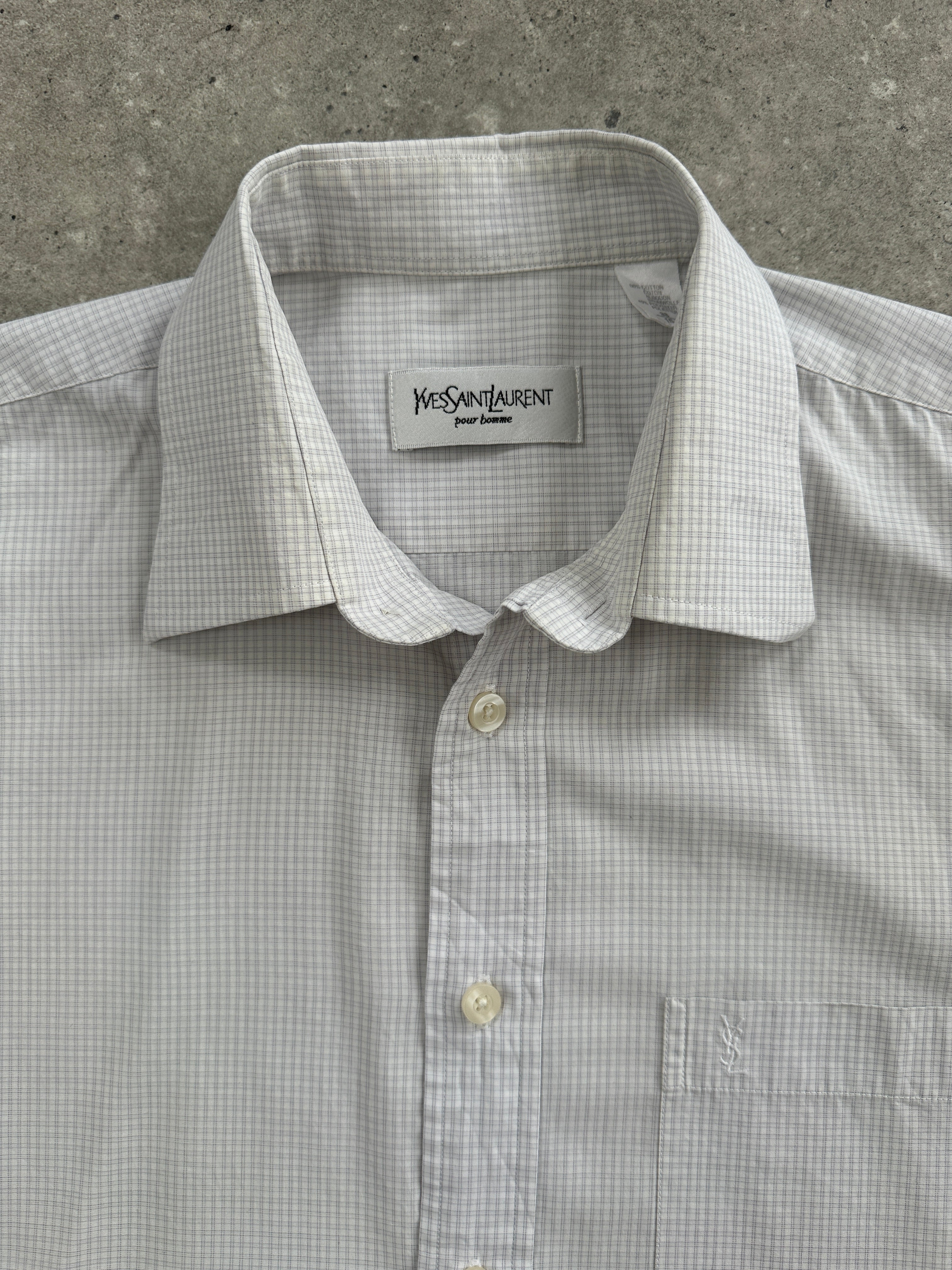 Yves Saint Laurent Pour Homme cotton check short sleeve logo shirt in size L, featuring a classic check pattern and YSL branding.