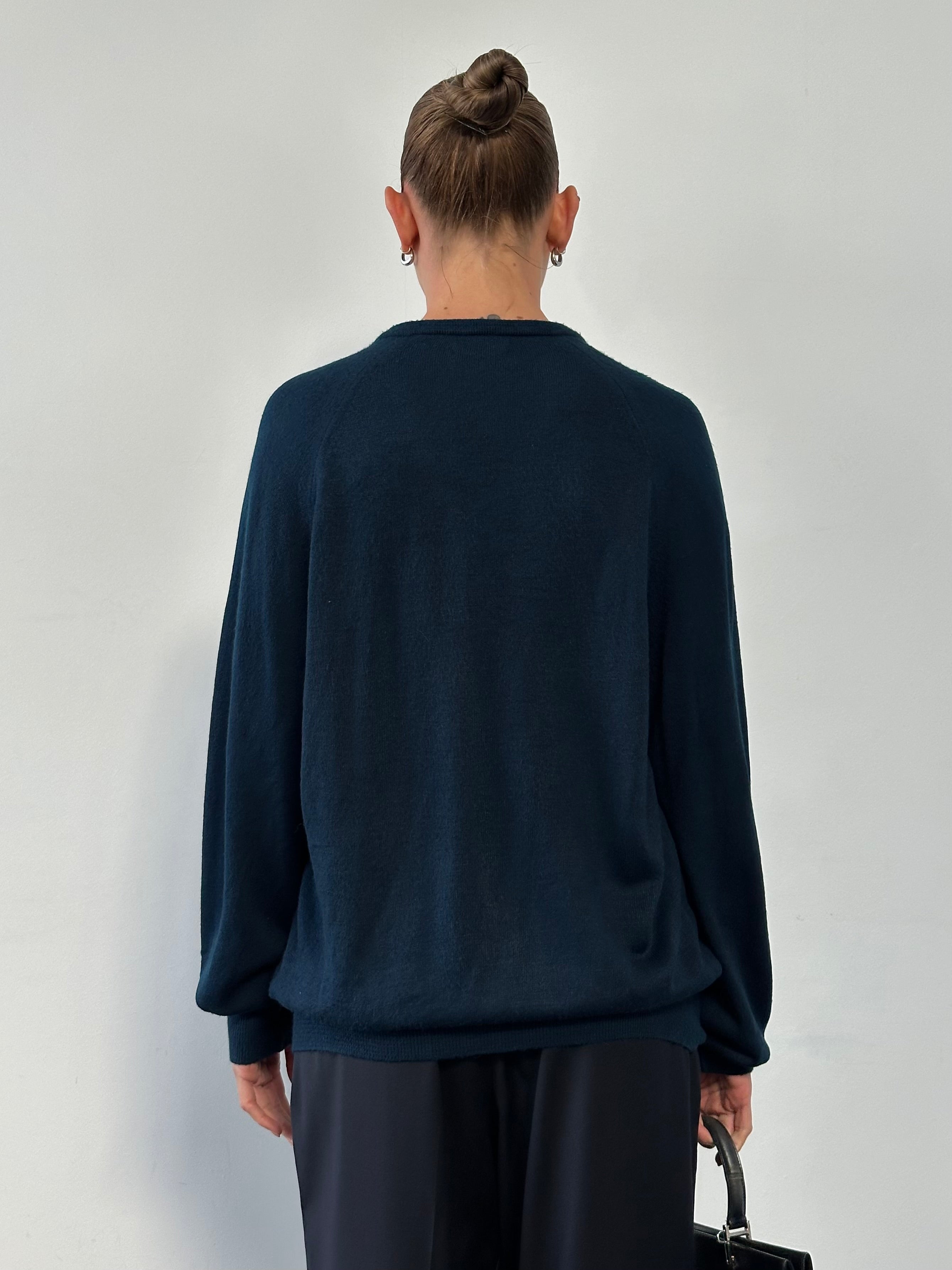 Christian Dior 1980s V-neck logo knitted jumper, navy blue, size large, featuring the iconic Dior logo on the chest.