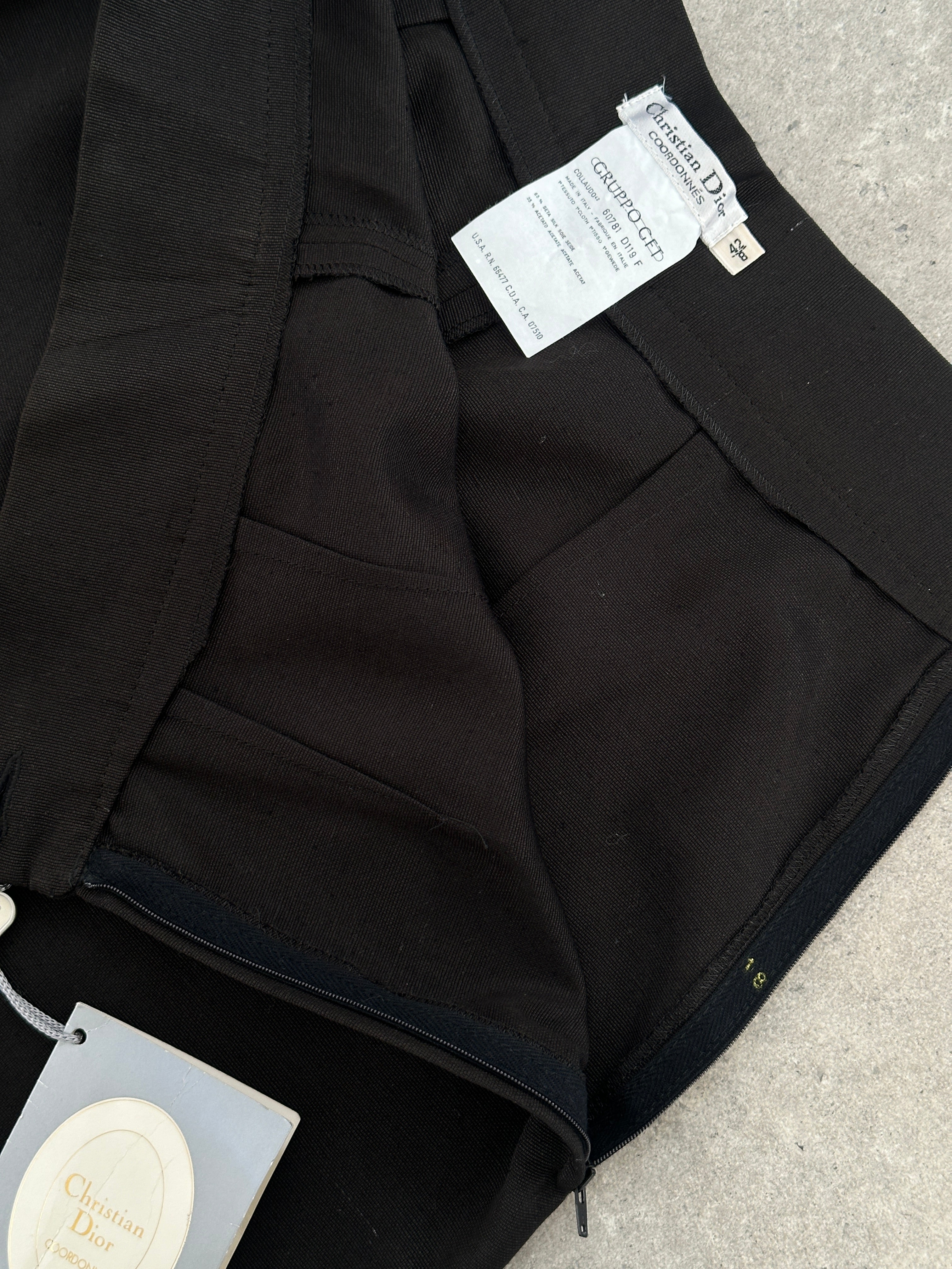 Christian Dior 1990s silk tapered leg trousers, W24, shown in natural fabric with a sleek, tailored fit and elegant design.