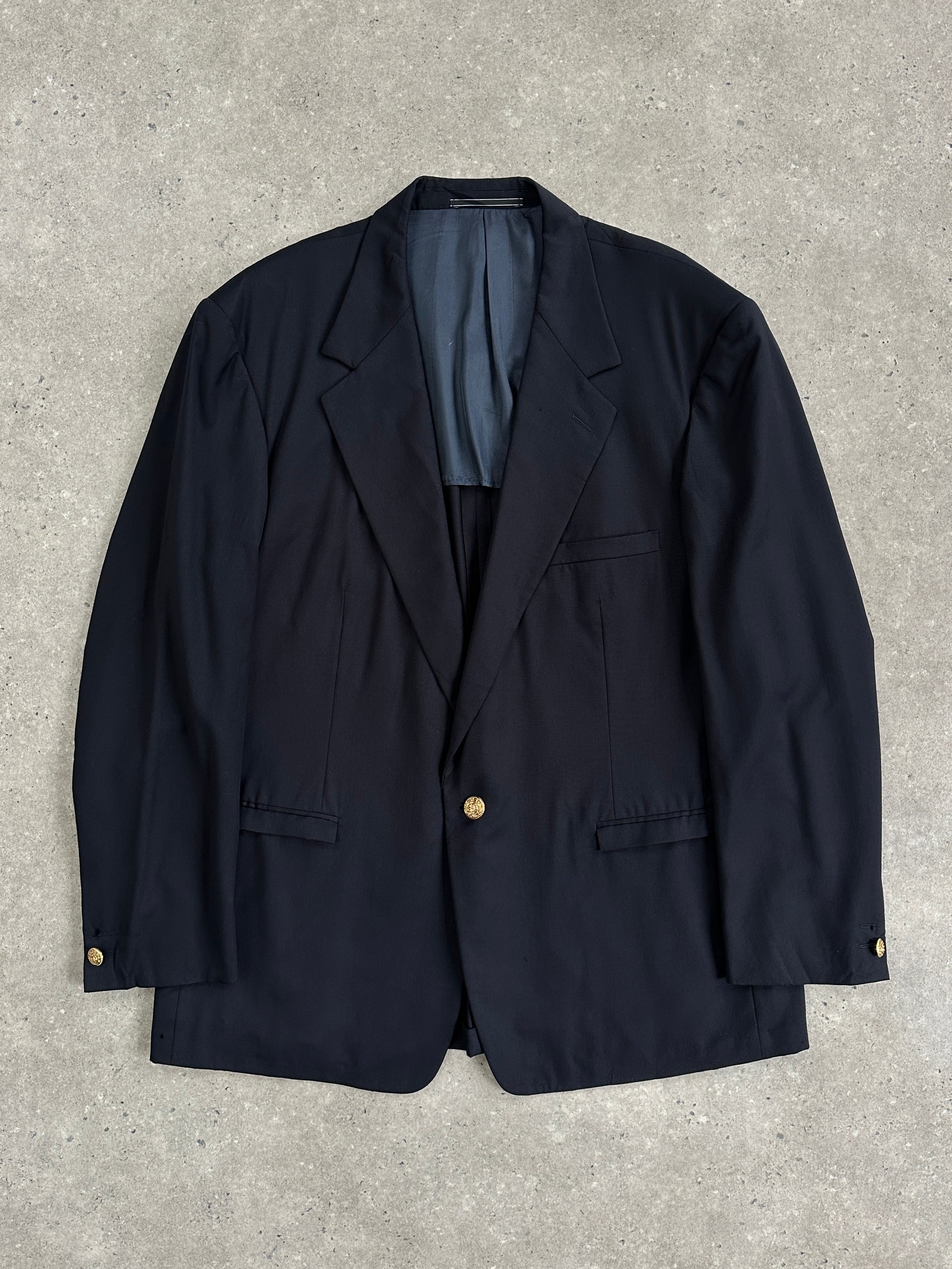 Gianni Versace bespoke pure wool single-button blazer in size 48R/XXL, dark tailored blazer with notch lapel and sleek design.