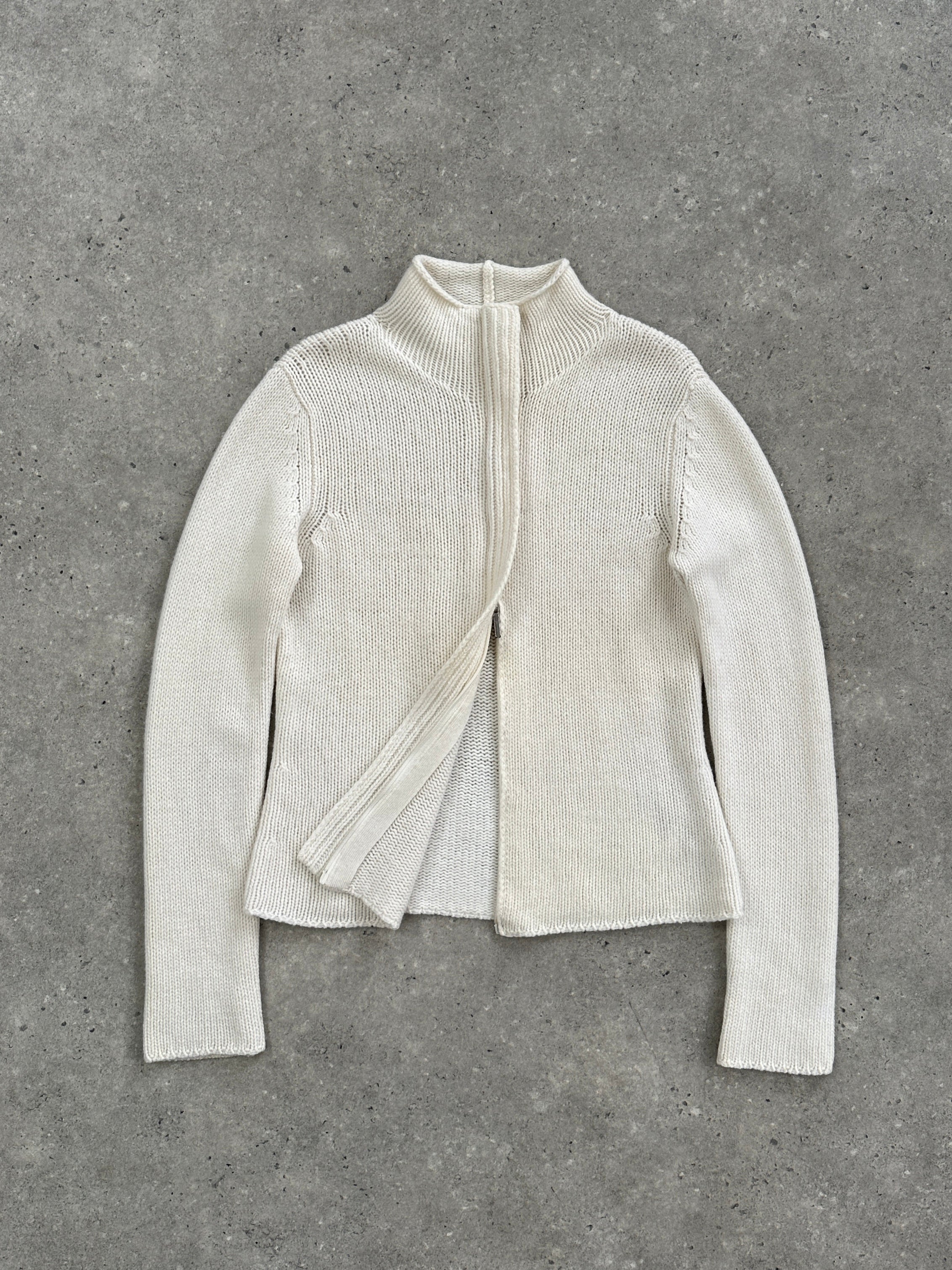 Max Mara S/M wool and cashmere knitted double zip cardigan with long sleeves and ribbed cuffs, styled in a neutral color.