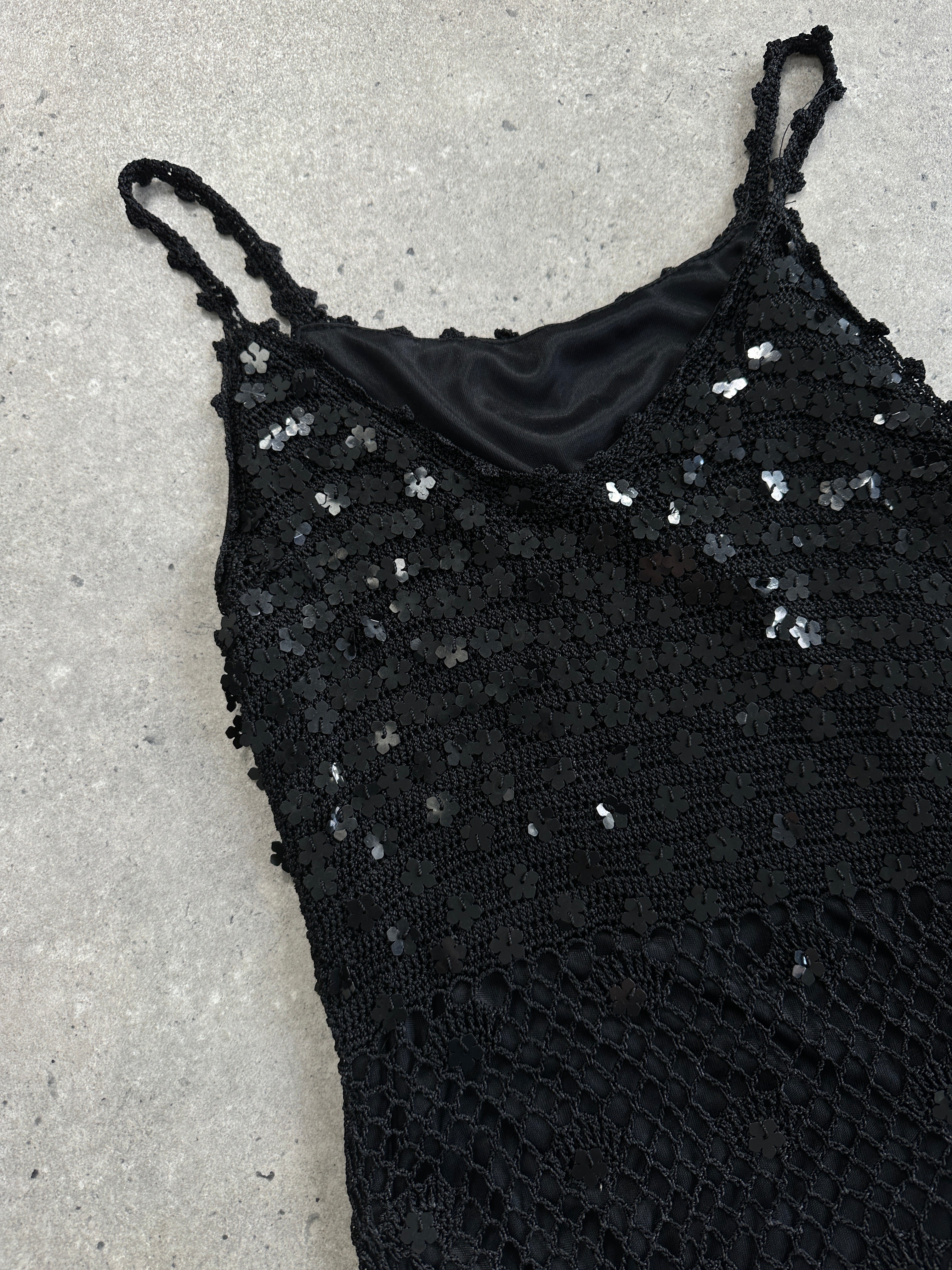 Vintage sequin crochet midi slip dress in XS/S, featuring intricate detailing and a stylish vintage design.