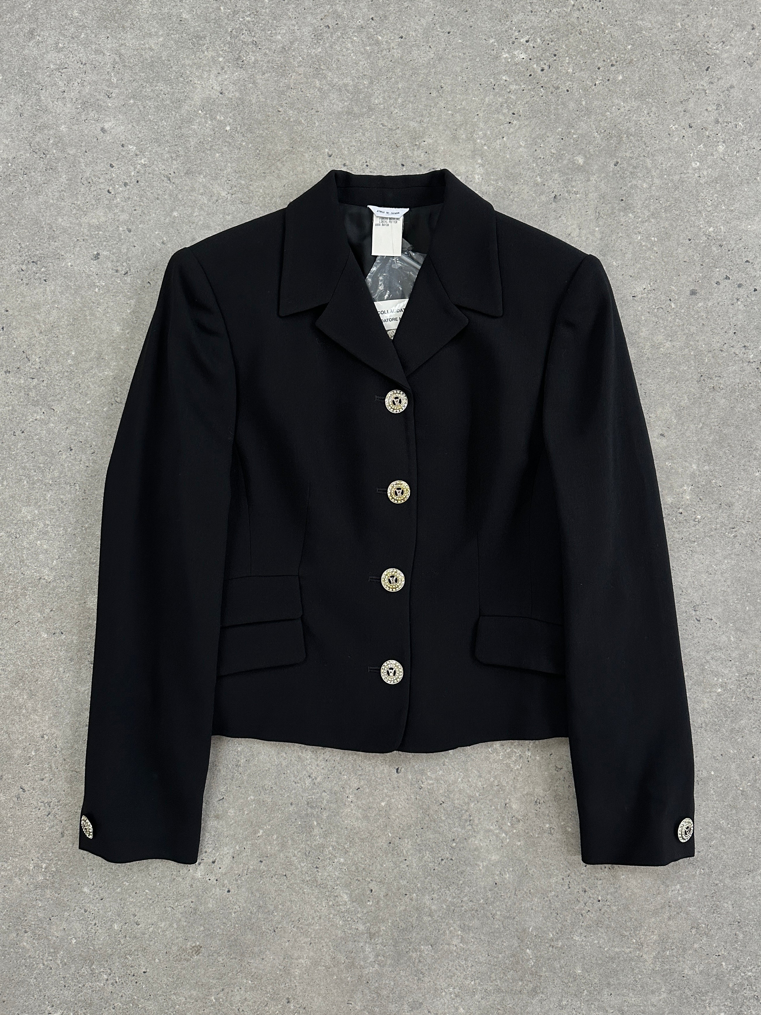 Versace Classic V2 90s pure wool fitted blazer with rhinestone button, in S/M size, stylish and tailored for a sophisticated look.