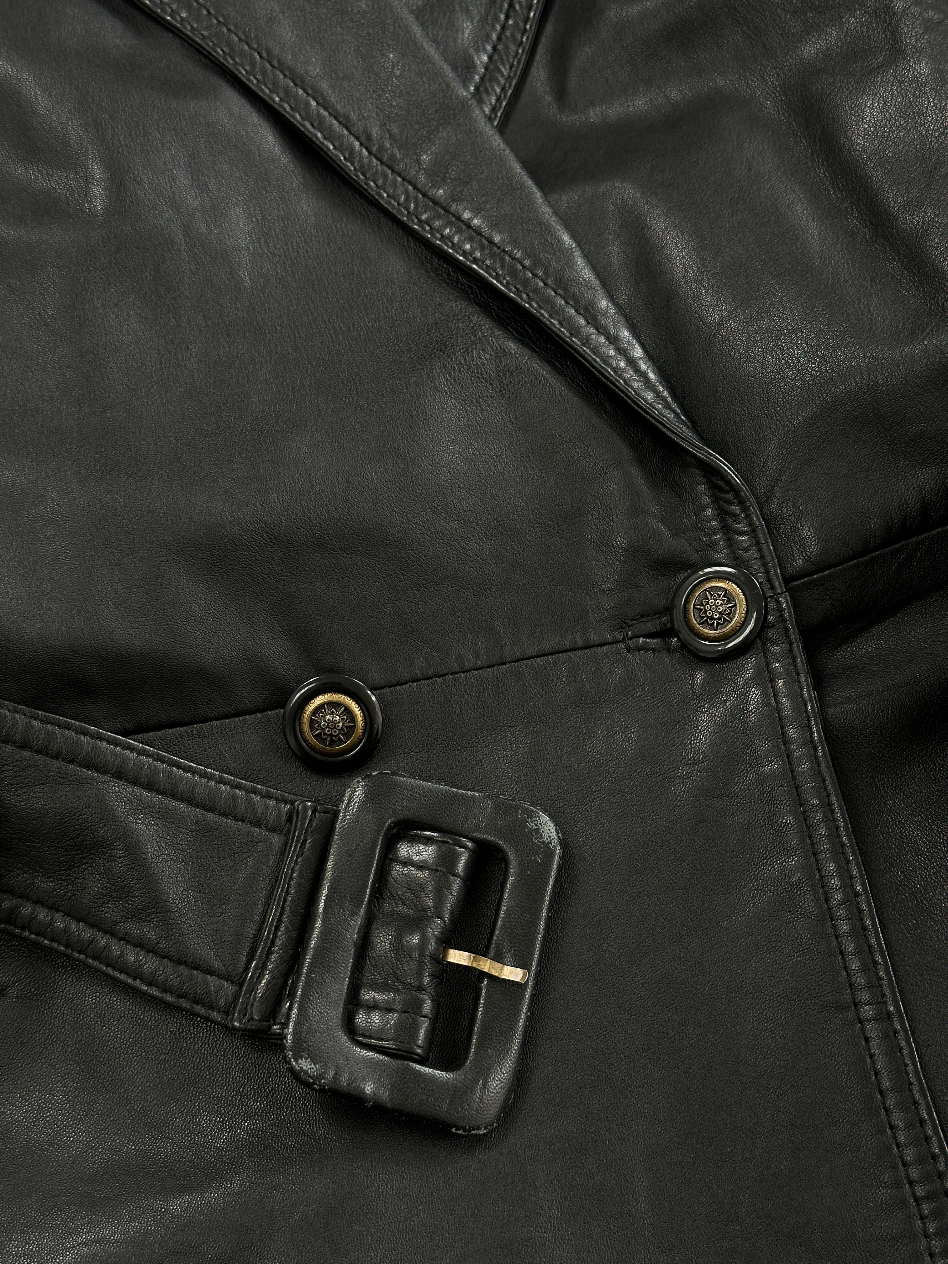 Vintage 90s leather belted jacket in size large, featuring classic design and rugged leather texture.