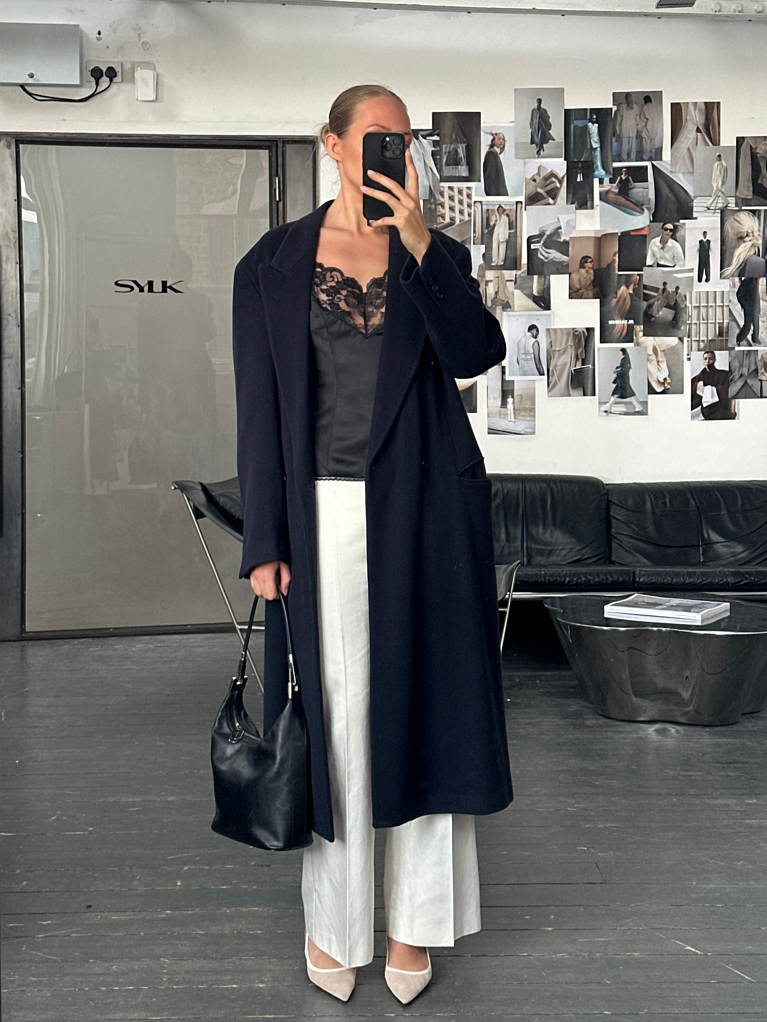 Emporio Armani 1990s wool and cashmere double-breasted coat in size L/XL, featuring classic tailored style and neutral color.