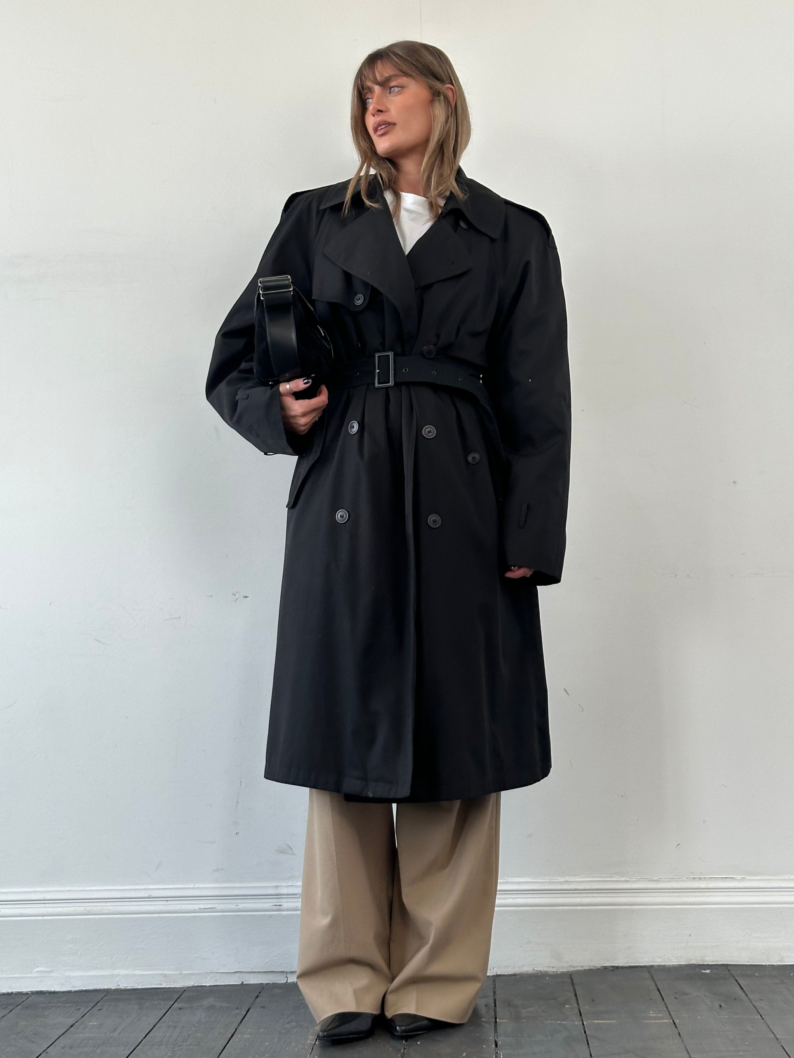 Yves Saint Laurent men's cotton trench coat with belt, XXL size, classic design, beige color, and stylish tailored fit.
