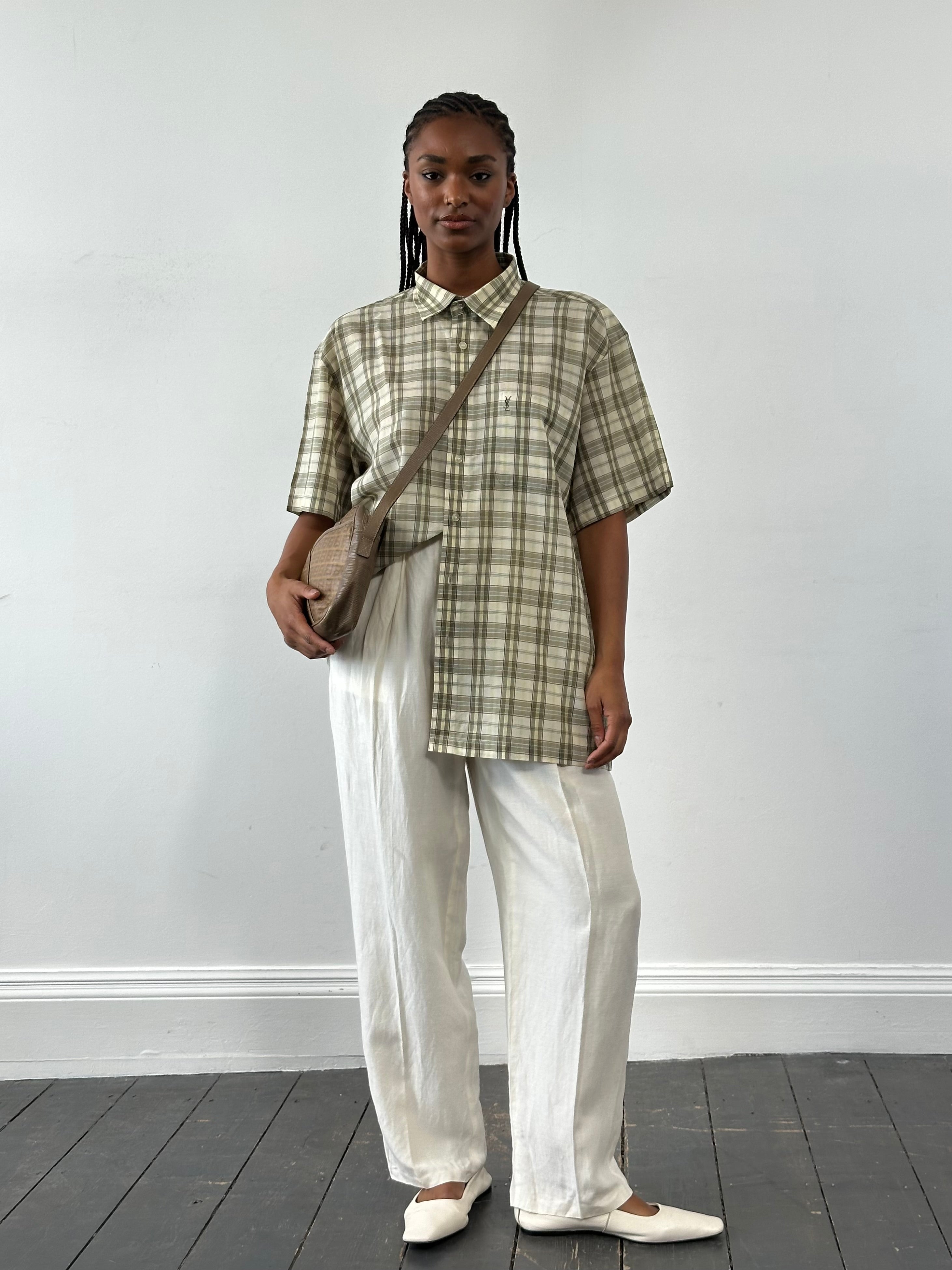 Yves Saint Laurent Pour Homme check cotton short sleeve shirt in XL with logo detail, casual men's fashion top.