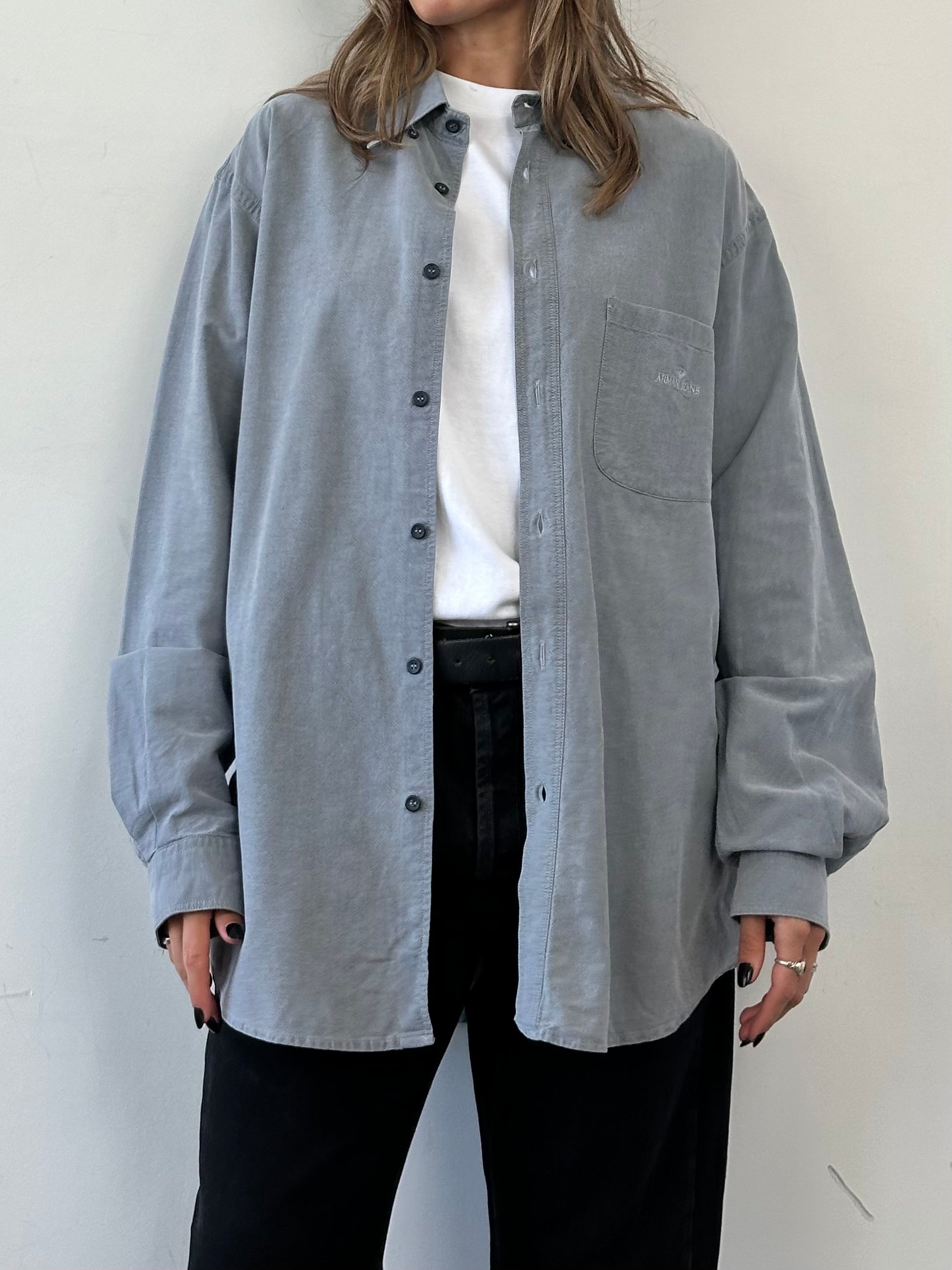 Armani Jeans pure cotton logo shirt in XL/XXL, displayed flat with visible Armani branding and classic design details.