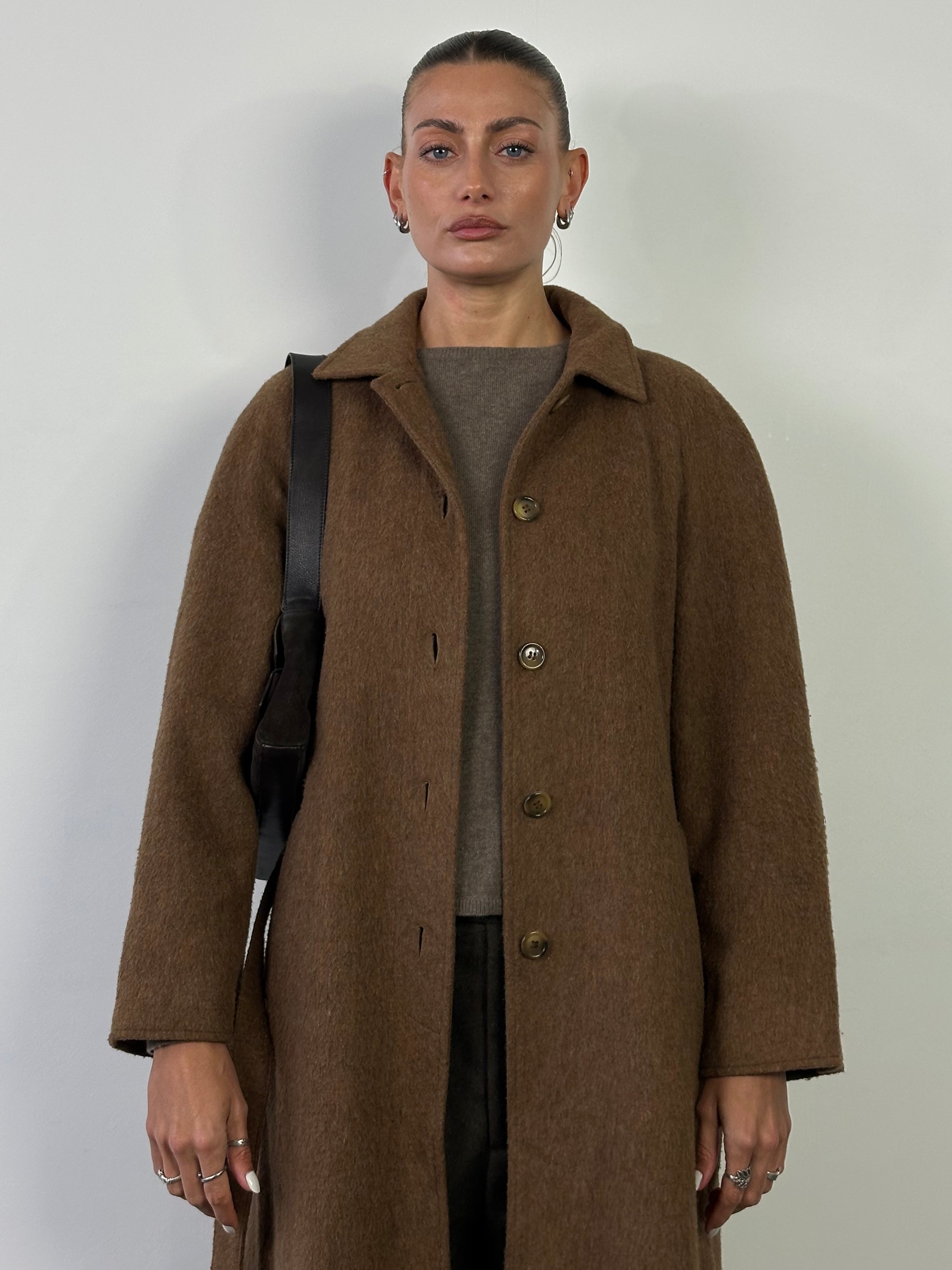 Marella 90s brushed wool belted coat in beige, single-breasted design with notch collar and waist belt, stylish winter outerwear.
