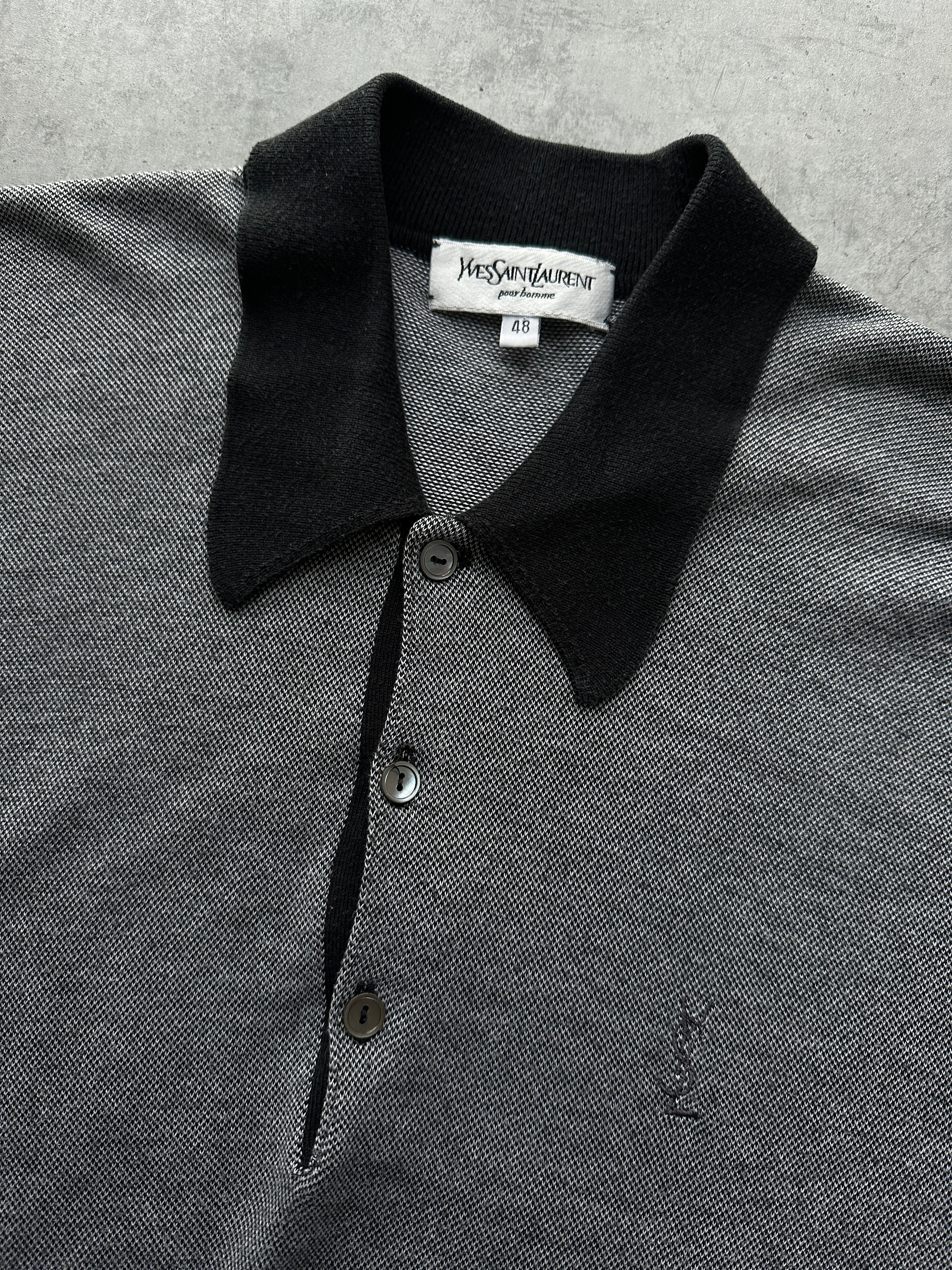Yves Saint Laurent 1990s white cotton logo polo shirt for men, classic fit with embroidered branding on chest.