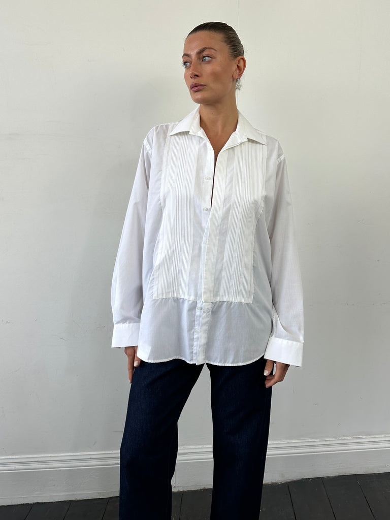 Vintage Cotton Pleated Tuxedo Dress Shirt - XL - SYLK