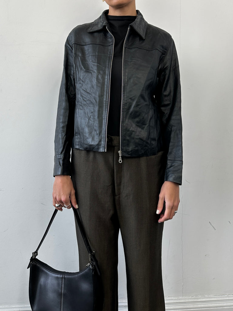 Vintage Minimal Zip Up Leather Jacket - S - SYLK