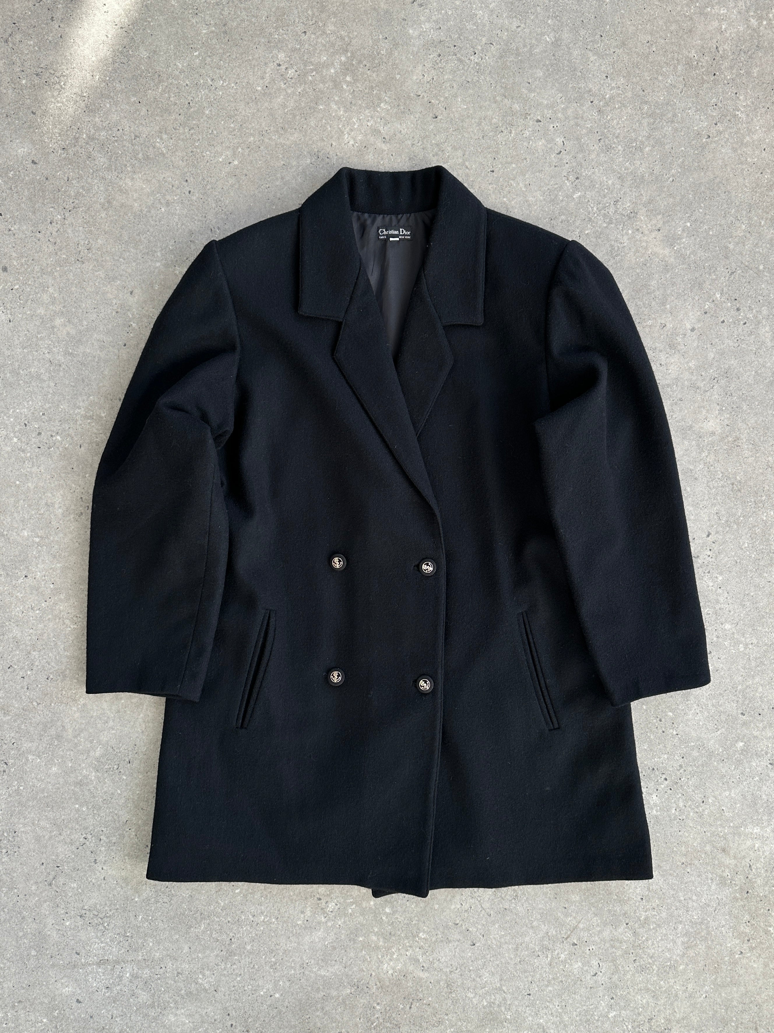 Christian Dior brushed wool double-breasted blazer in size L with bespoke buttons, tailored fit, and classic design.