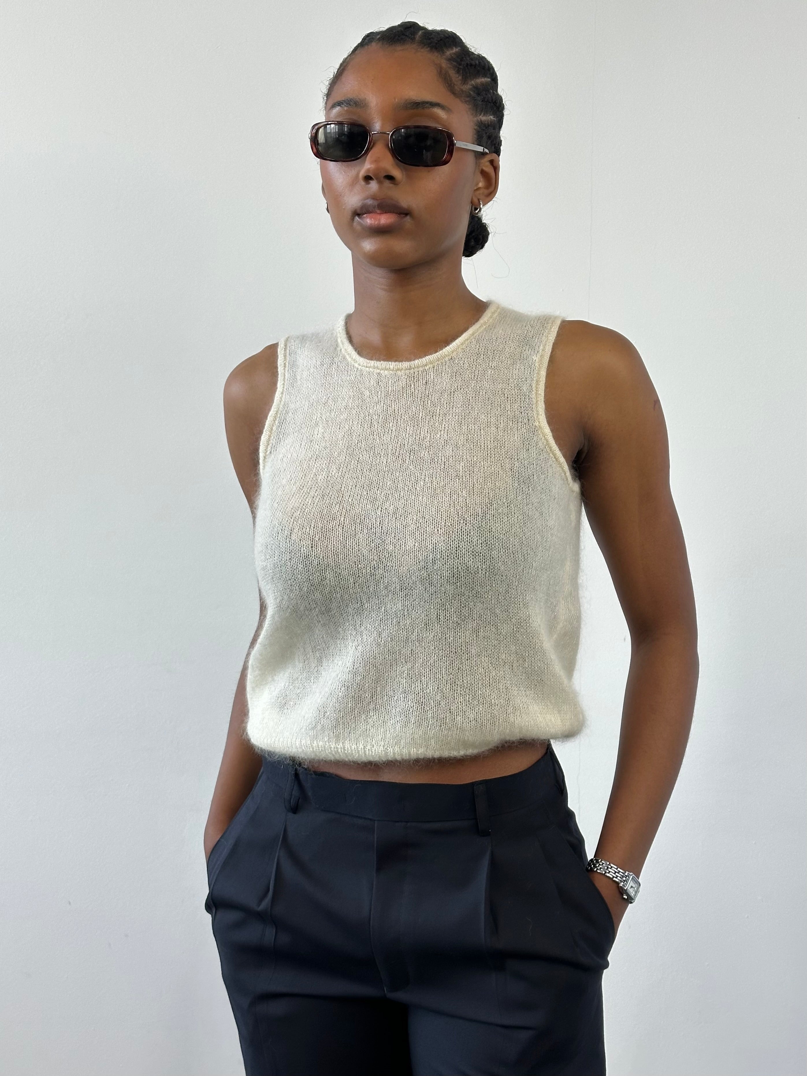 Italian vintage 1990s mohair knit top in size small, featuring soft textured fabric and classic style.