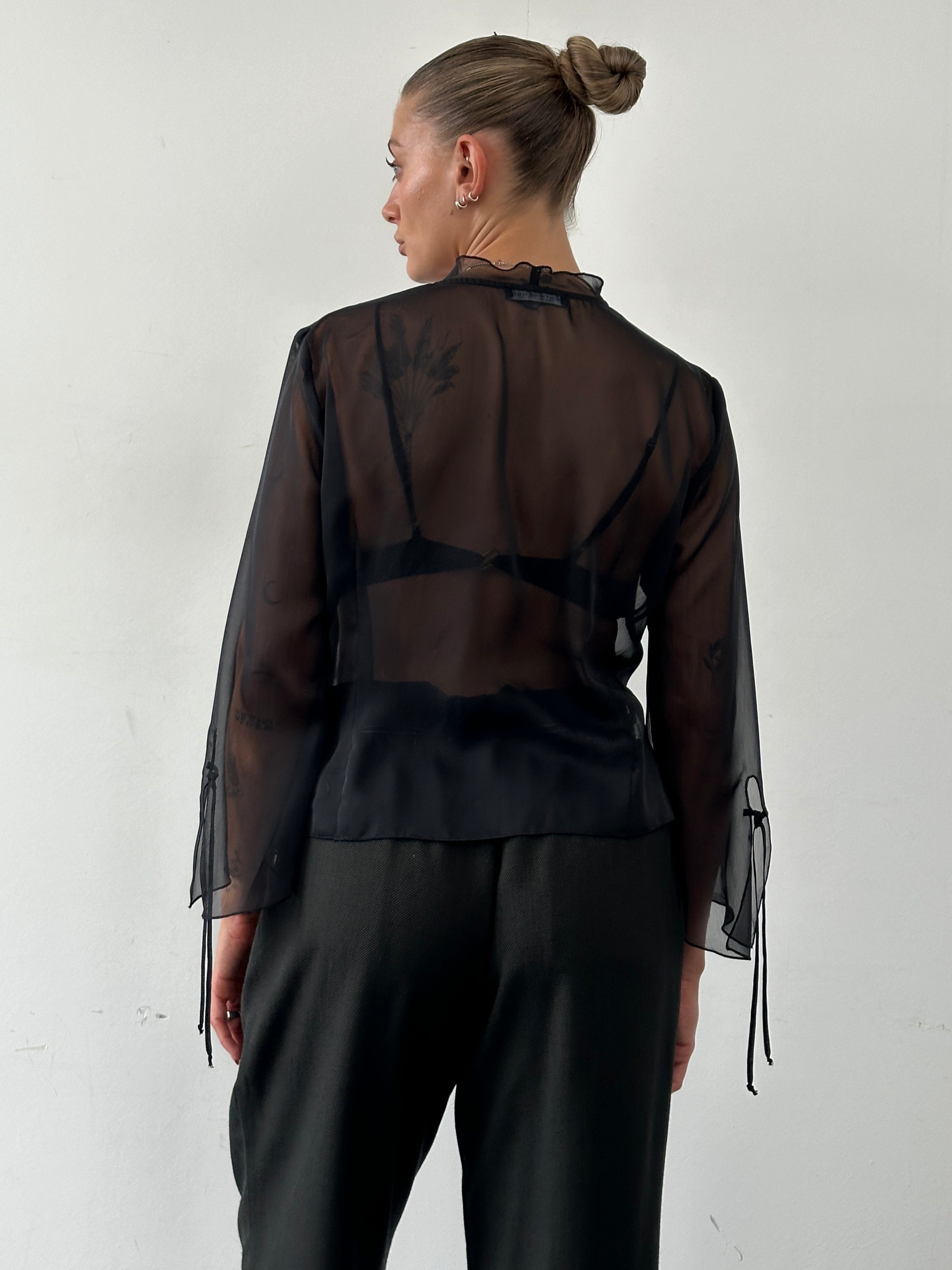 Vintage sheer tie-front cardigan top in medium, featuring a lightweight, semi-transparent fabric with a stylish front tie detail.