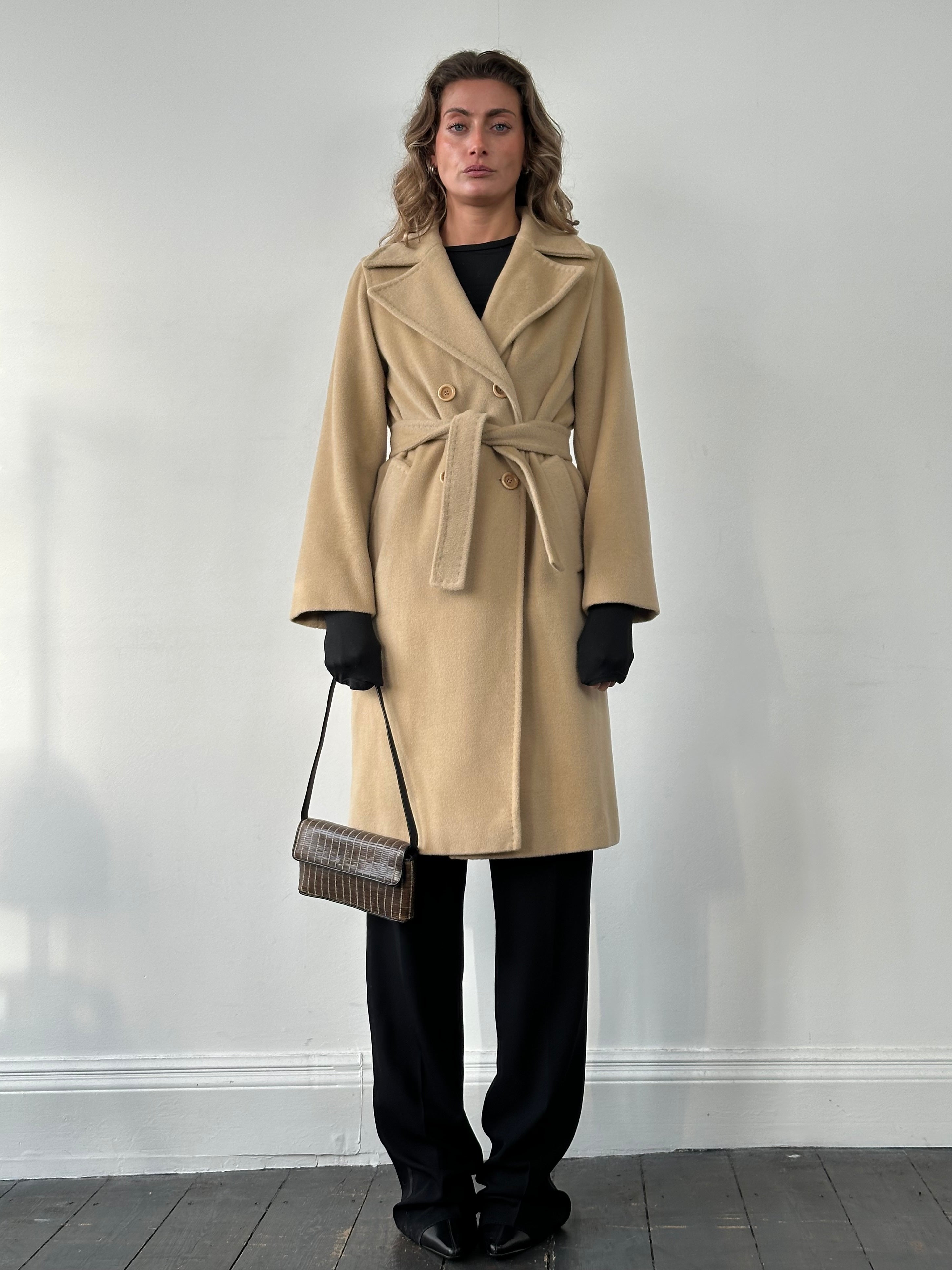 Marella wool cashmere double-breasted belted coat in size M, shown on a hanger with front view and button details.