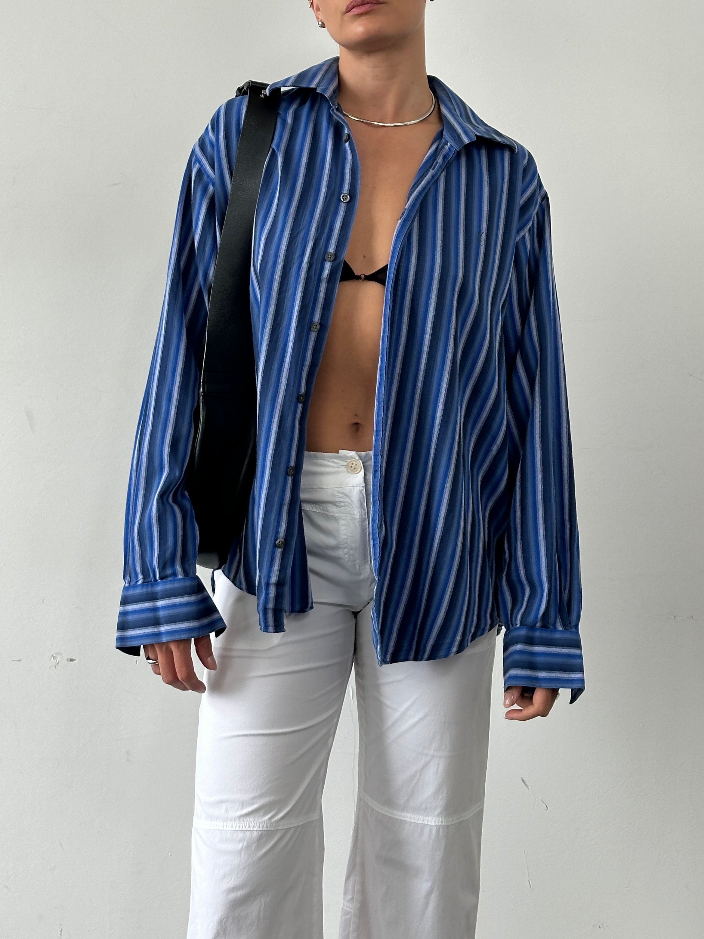 Yves Saint Laurent Pour Homme cotton shirt with blue and white stripes and logo detail, size XL, casual men's fashion.