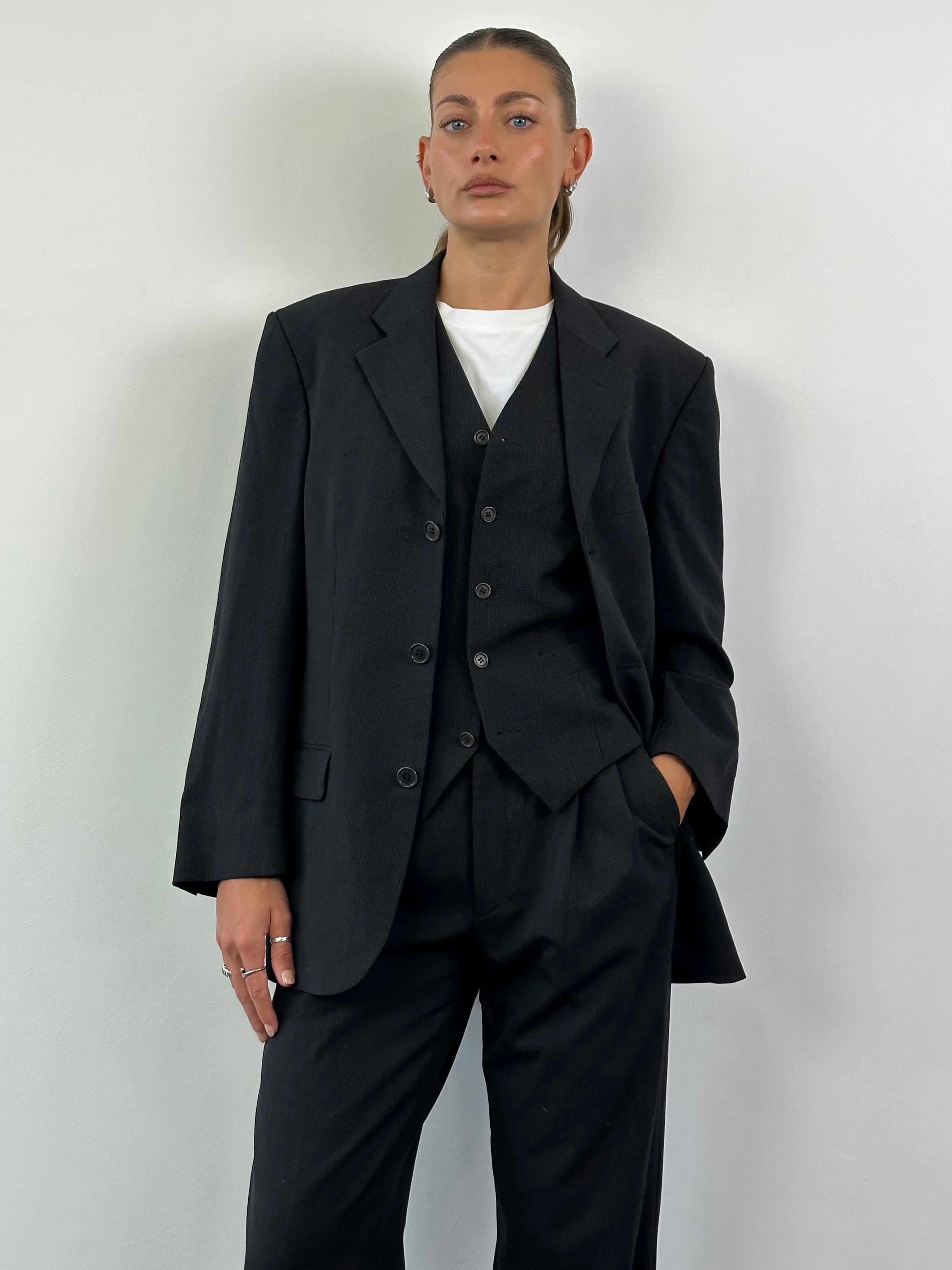 Pierre Balmain 1990s wool three-piece suit, tailored suit jacket, vest, and trousers in size 36R/W30, classic vintage style.