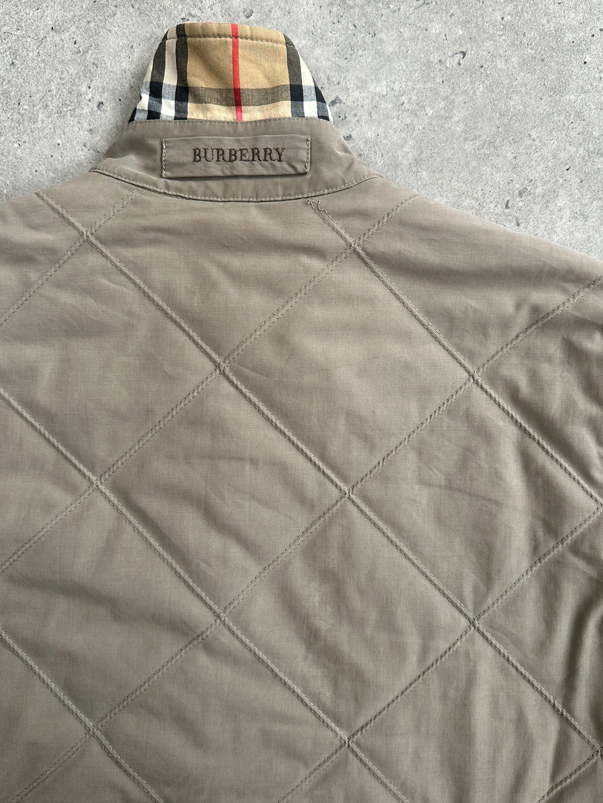 Burberry 1990s quilted Nova Check coat with cord collar, classic British design, in size large, stylish outerwear.
