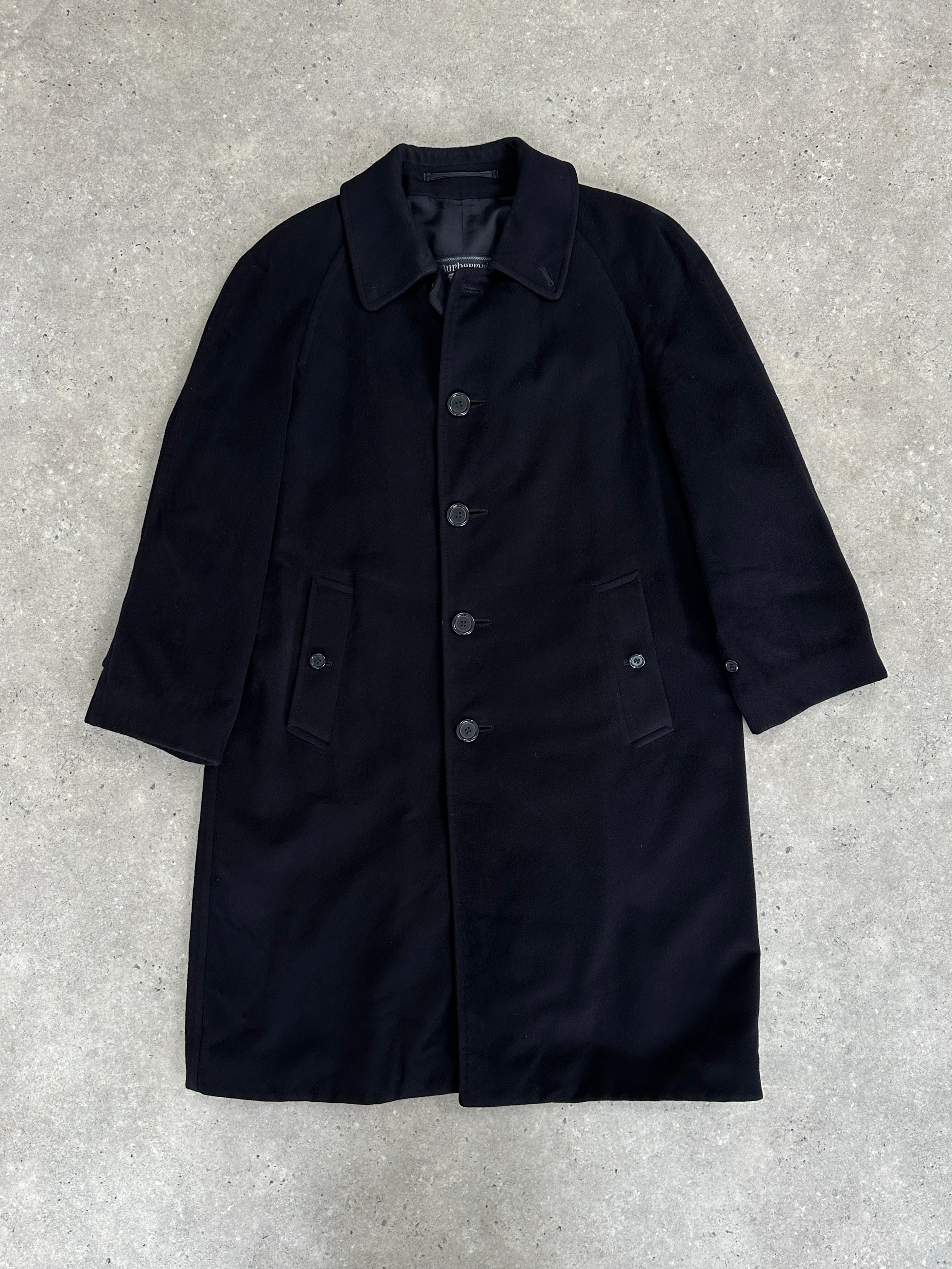 Burberry Pure Cashmere Single Breasted Coat in size L, beige color, tailored fit, displayed on a hanger with classic design details.