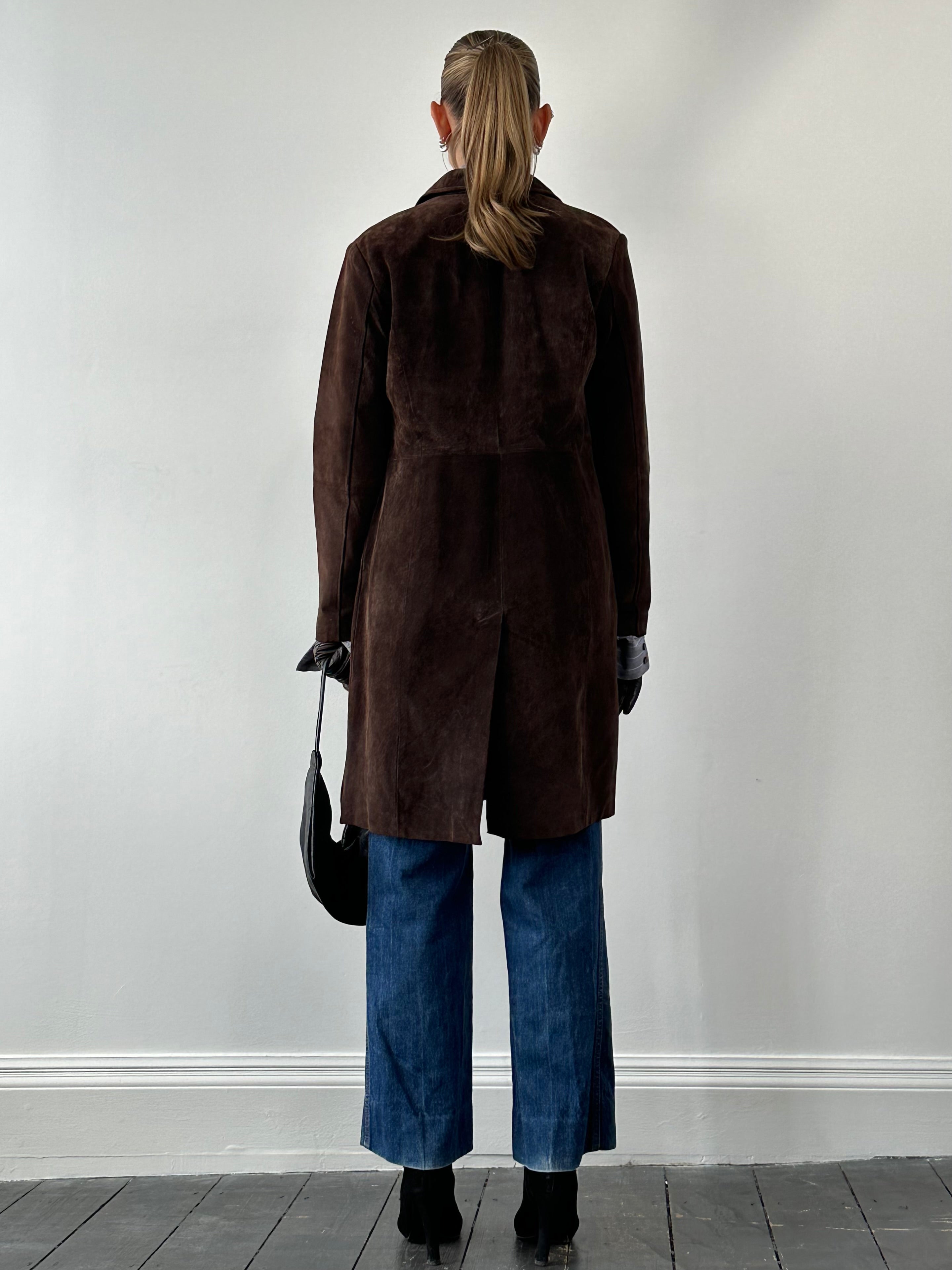 Vintage suede trench coat in size large, stylish jacket with classic design and soft texture, perfect for a vintage-inspired look.