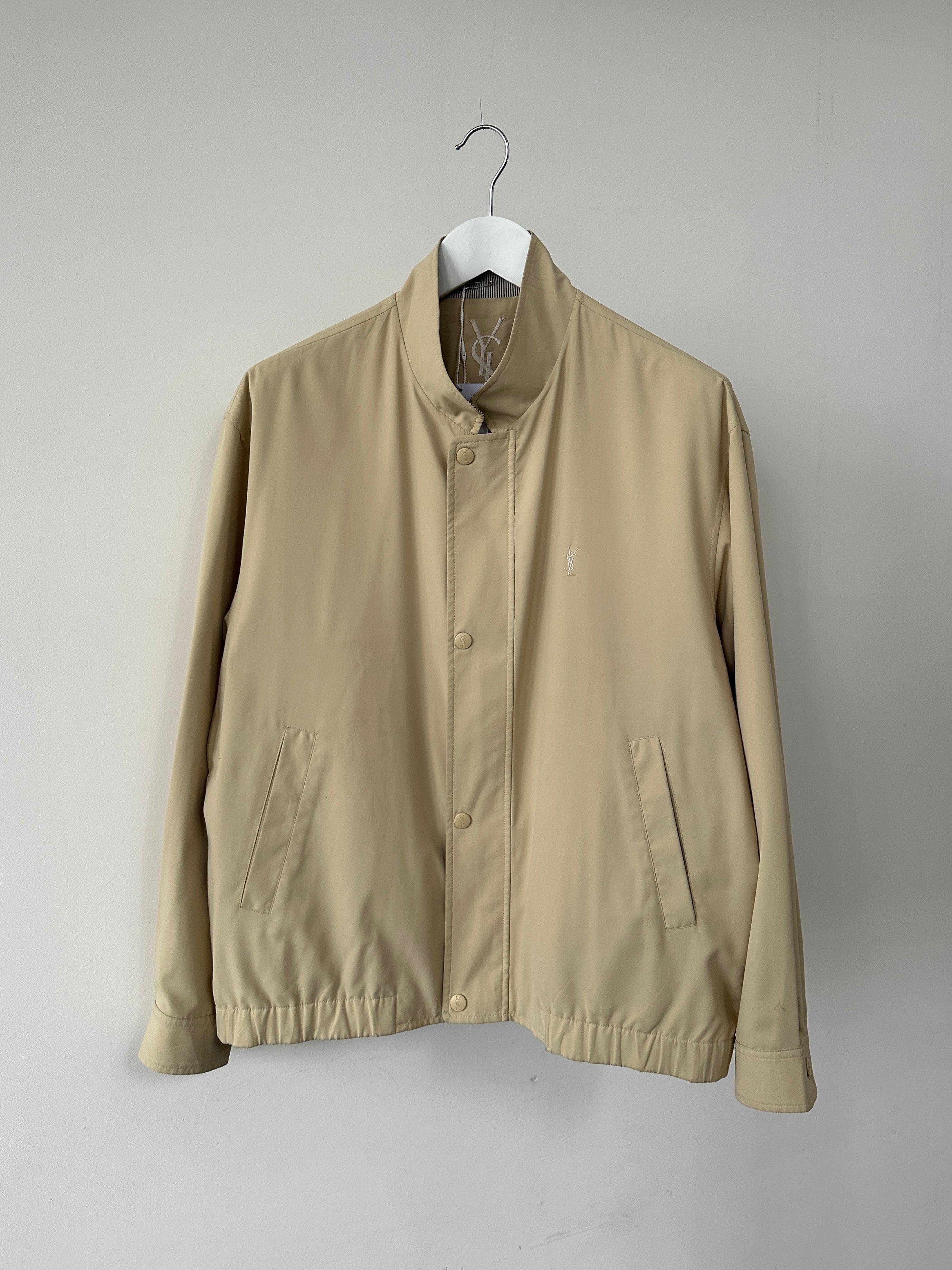 Yves Saint Laurent Pour Homme logo bomber jacket in size L, black jacket with signature branding, front view showcasing design details.