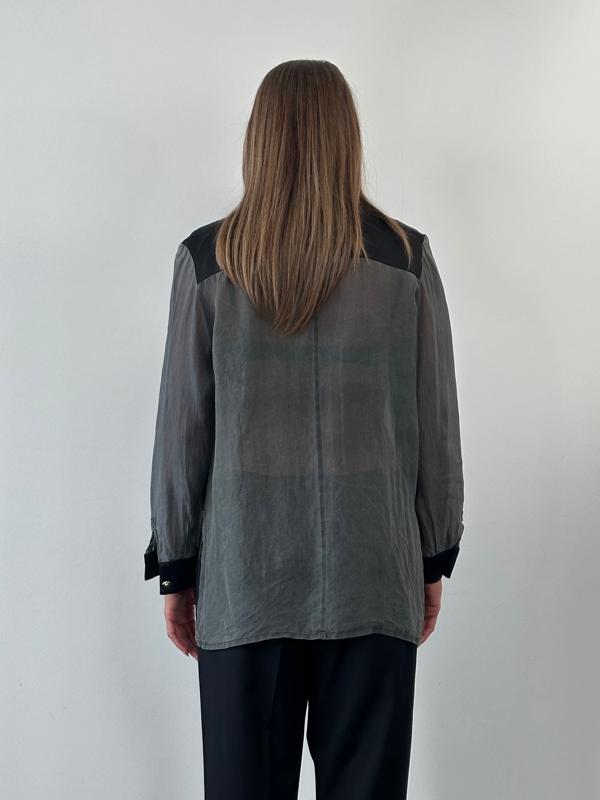 Vintage 1990s sheer satin tie neck shirt in size M, featuring a lightweight, silky fabric with a classic collar and front button closure.