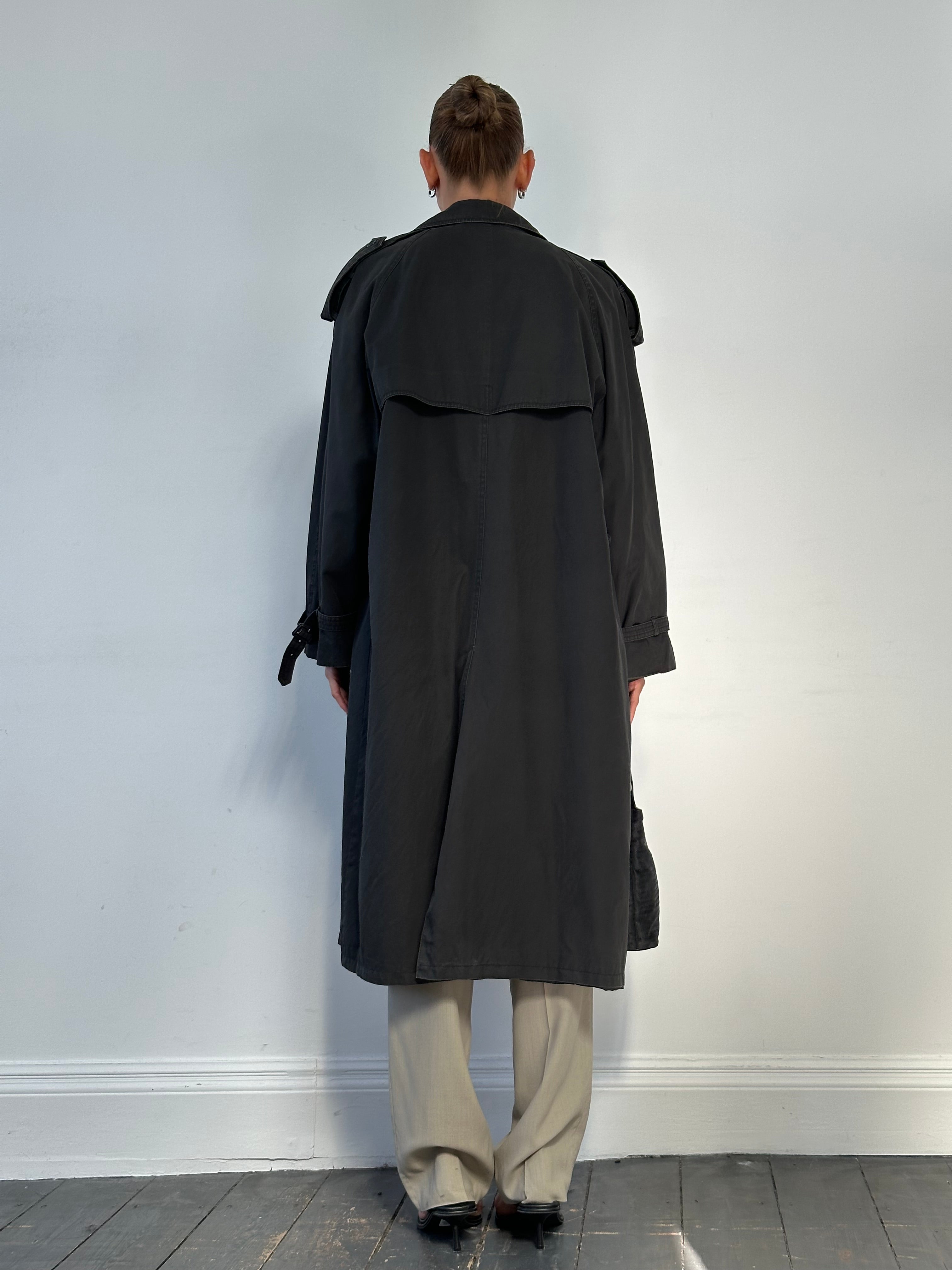 Yves Saint Laurent cotton double-breasted belted coat in XL, showcasing classic design and tailored fit on a neutral background.