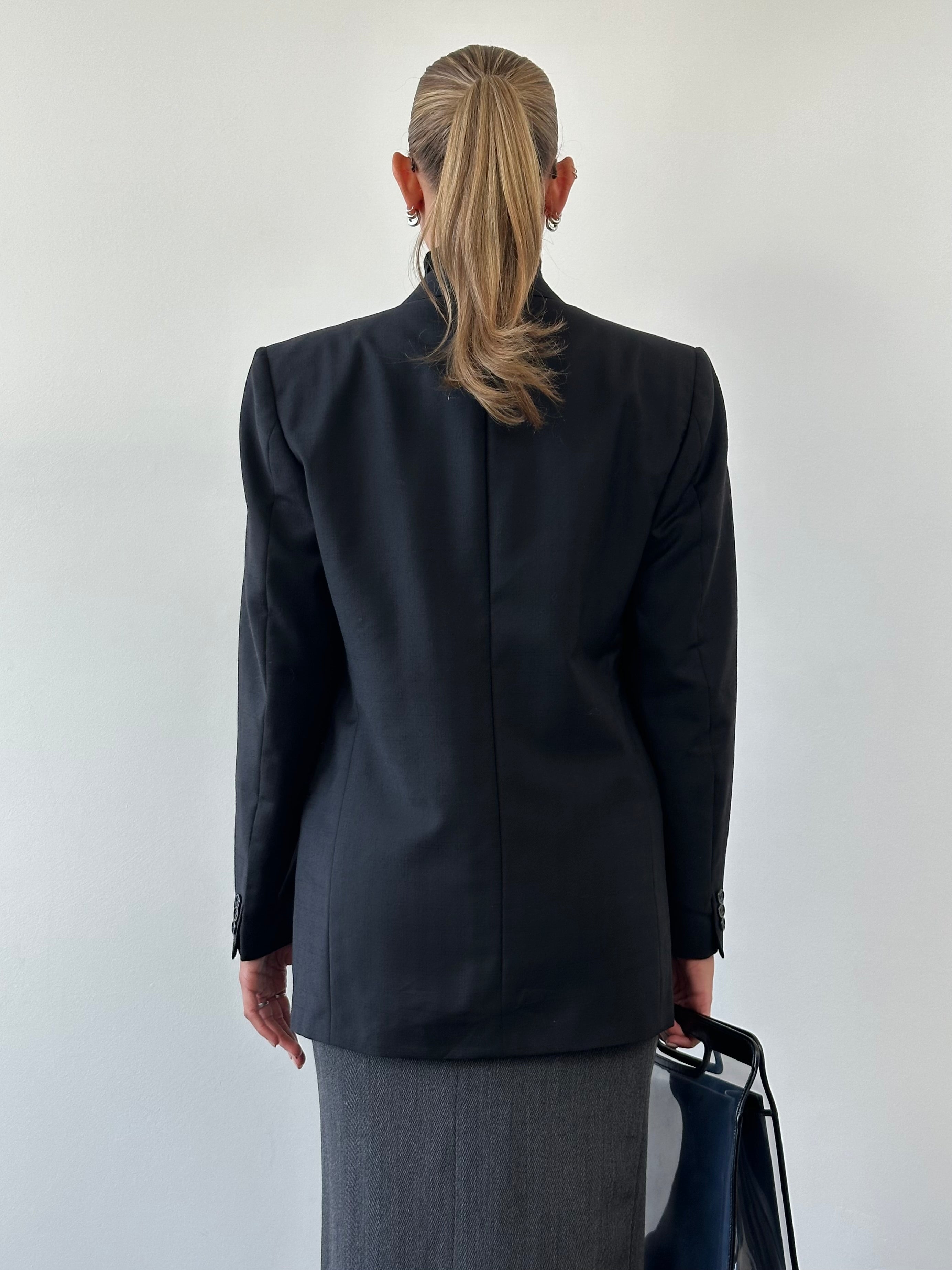 Vintage wool mohair double-breasted blazer in size 40R, tailored fit with classic lapels and textured fabric.