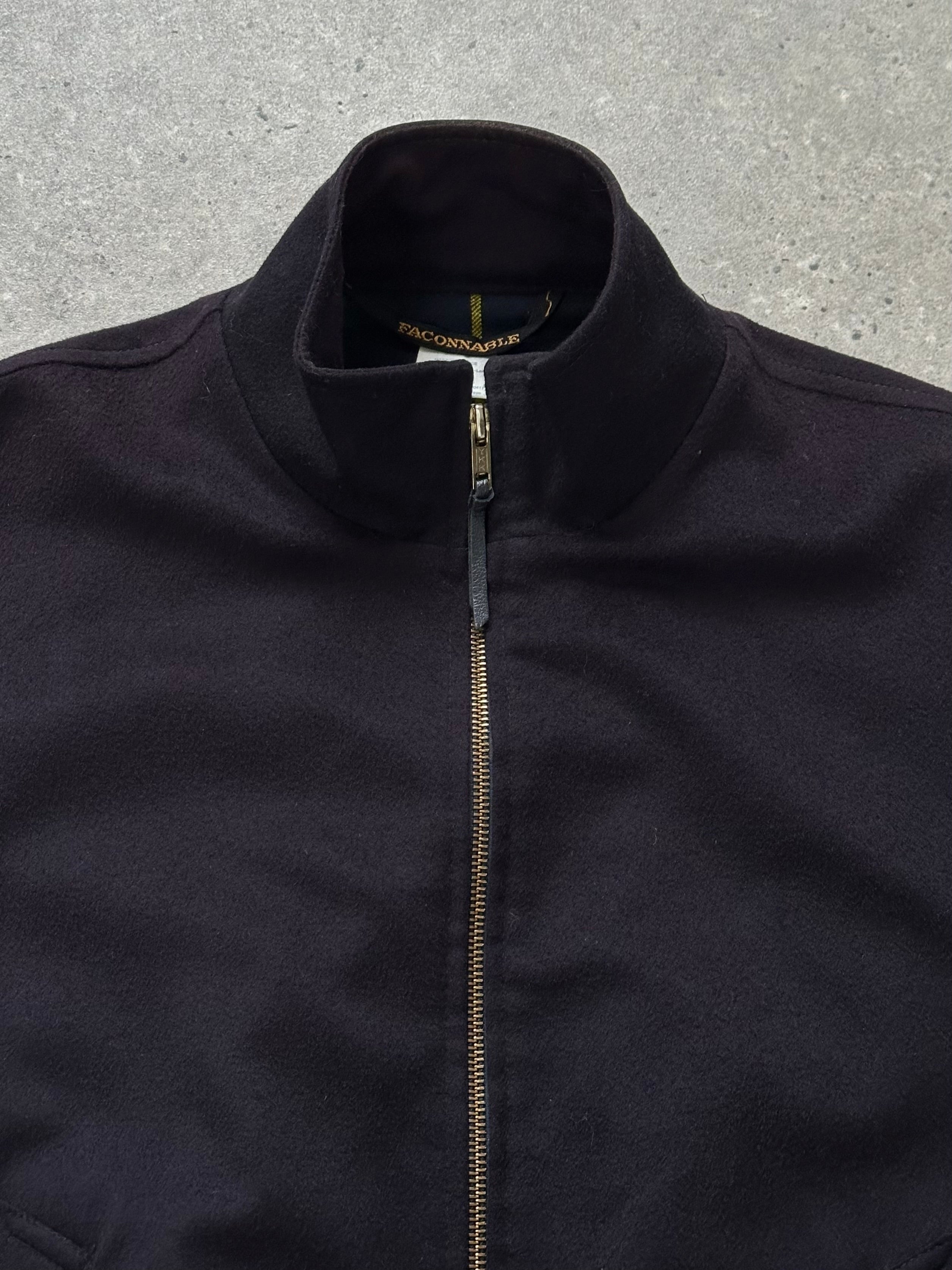 Faconnable 1980s pure wool high-neck bomber jacket in size M, featuring a classic design with a ribbed collar and zip closure.