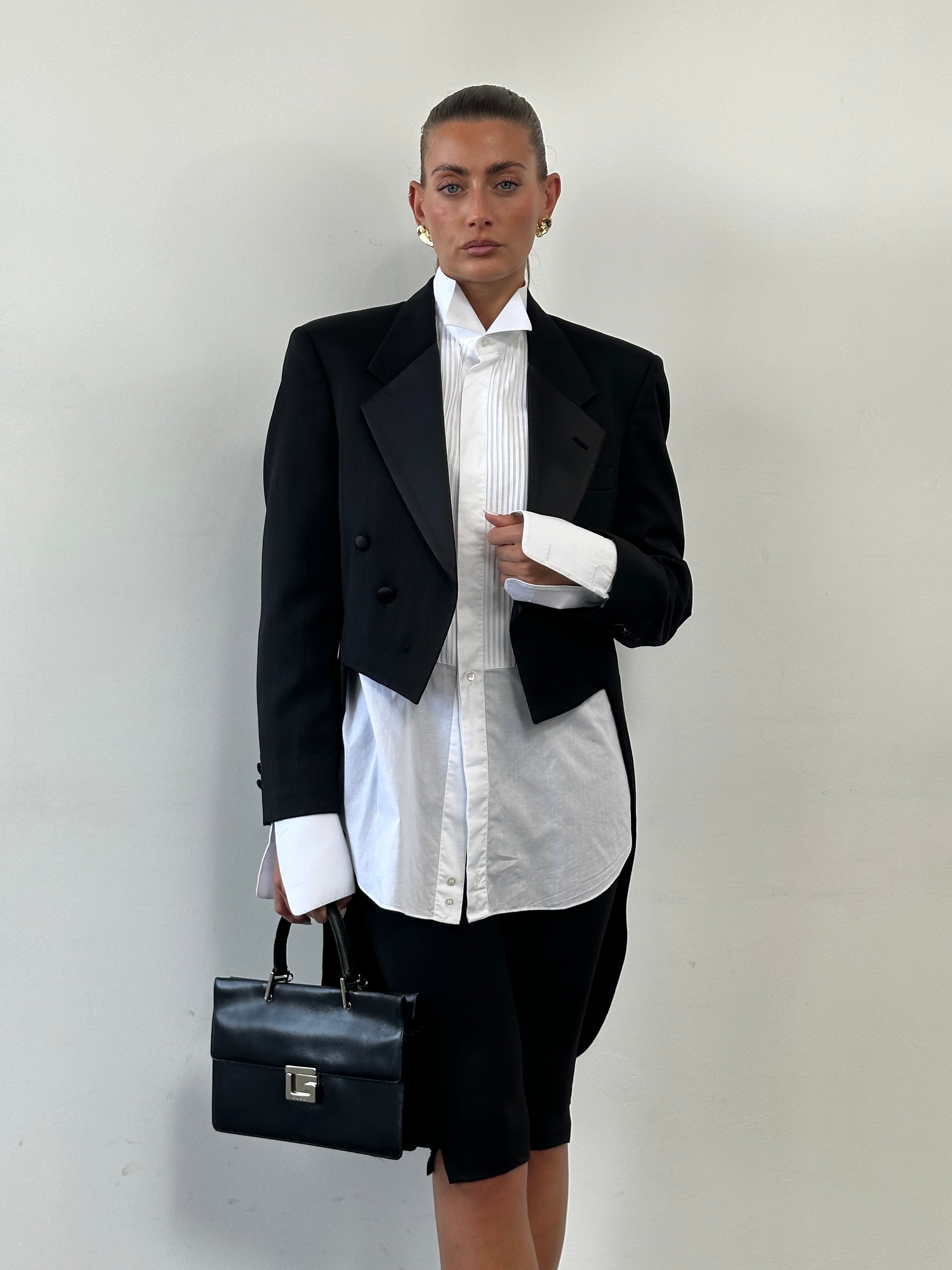 Christian Dior Monsieur 80s double-breasted tuxedo blazer, tailored fit, navy blue with peak lapels, formal men's evening jacket.
