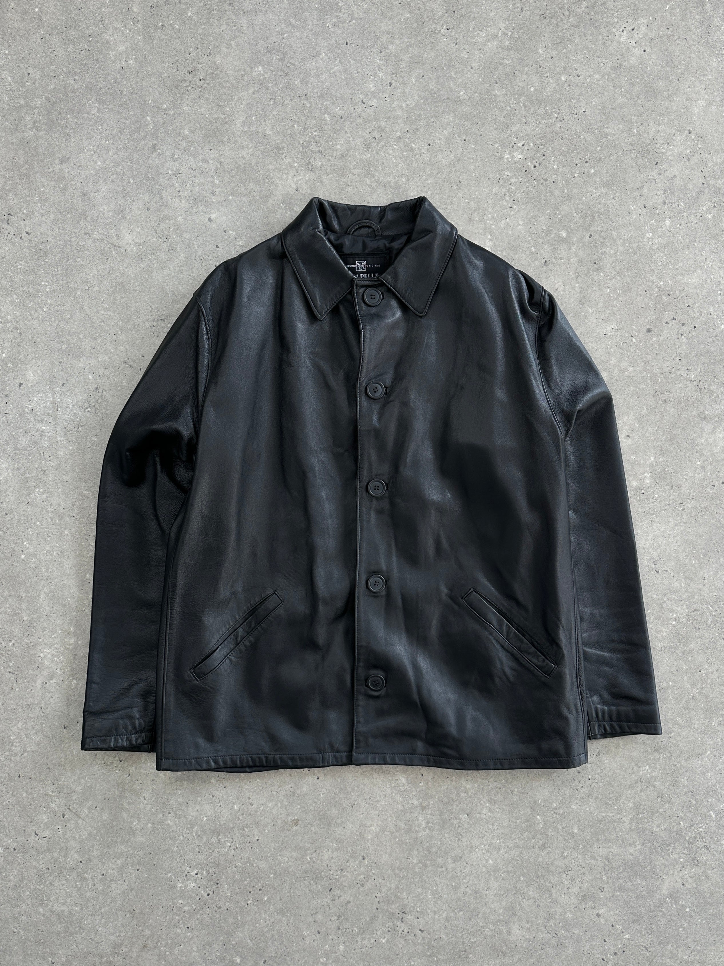 Vintage Italian leather jacket in smooth leather, size large, featuring classic styling and high-quality craftsmanship.